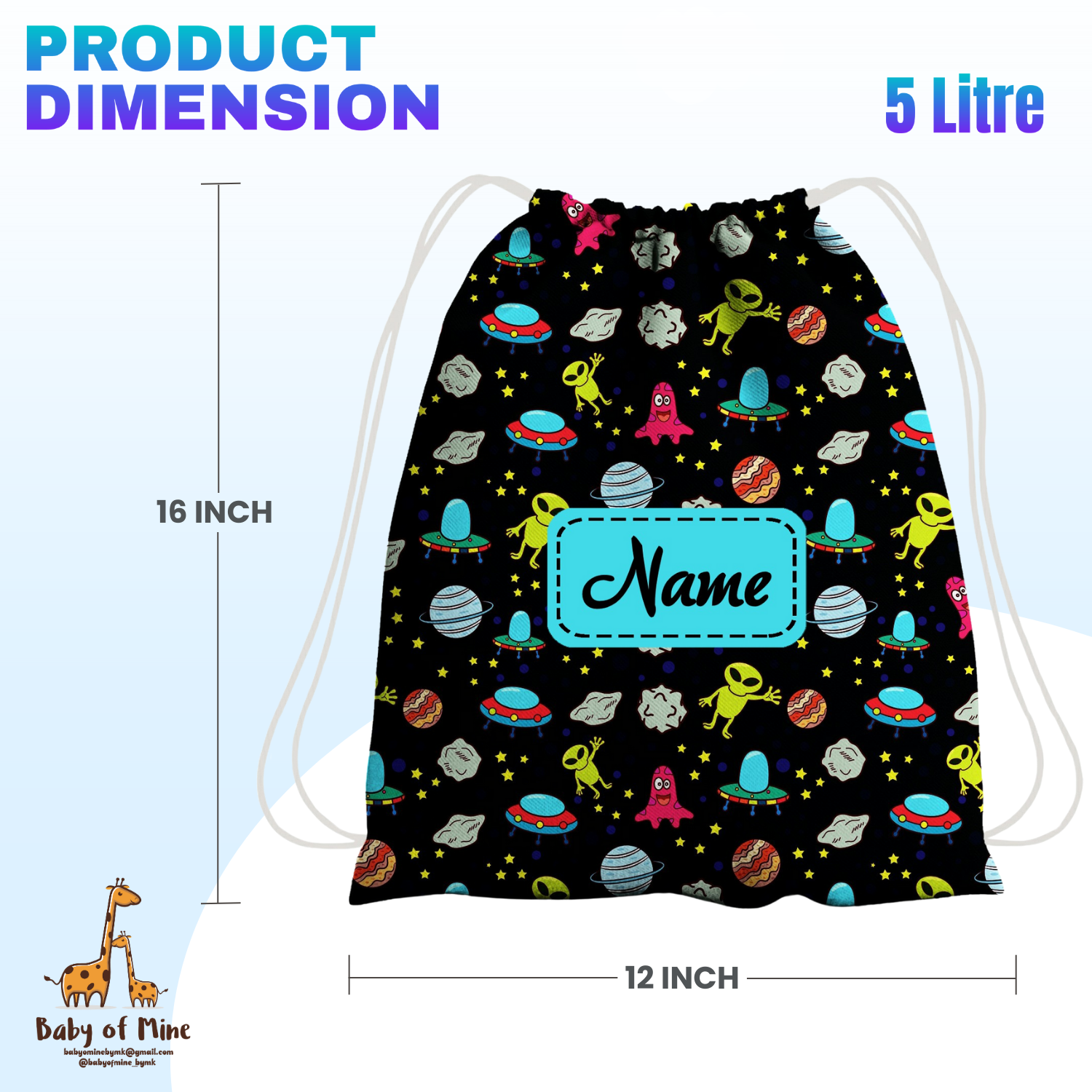 Baby of Mine Premium Waterproof Drawstring Backpack For Swimming Gym Yoga Tuition For 3-10 Years Girls And Boys - Alien Print