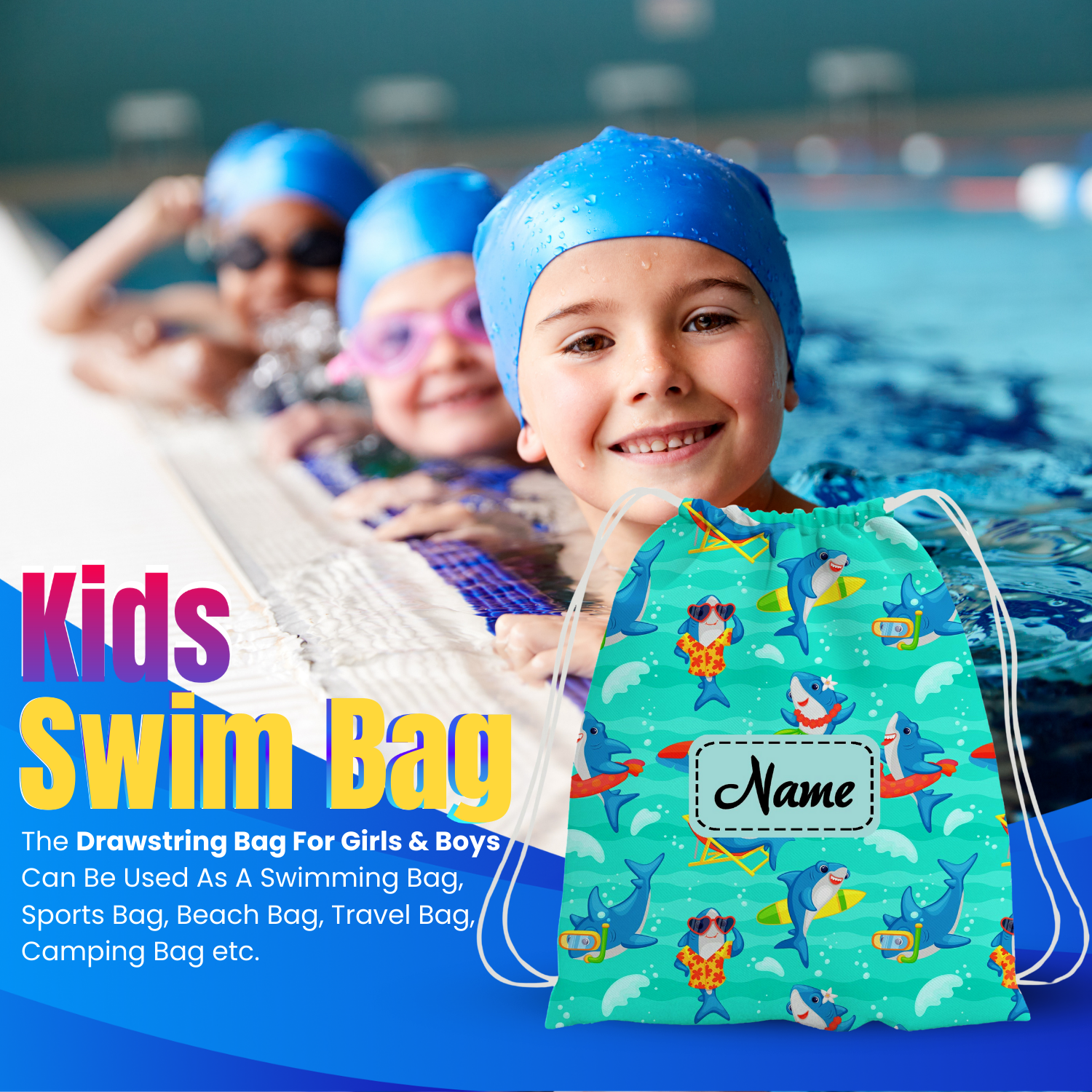 Baby of Mine Premium Waterproof Drawstring Backpack For Swimming Gym Yoga Tuition For 3-10 Years Girls And Boys - Cool Shark Print