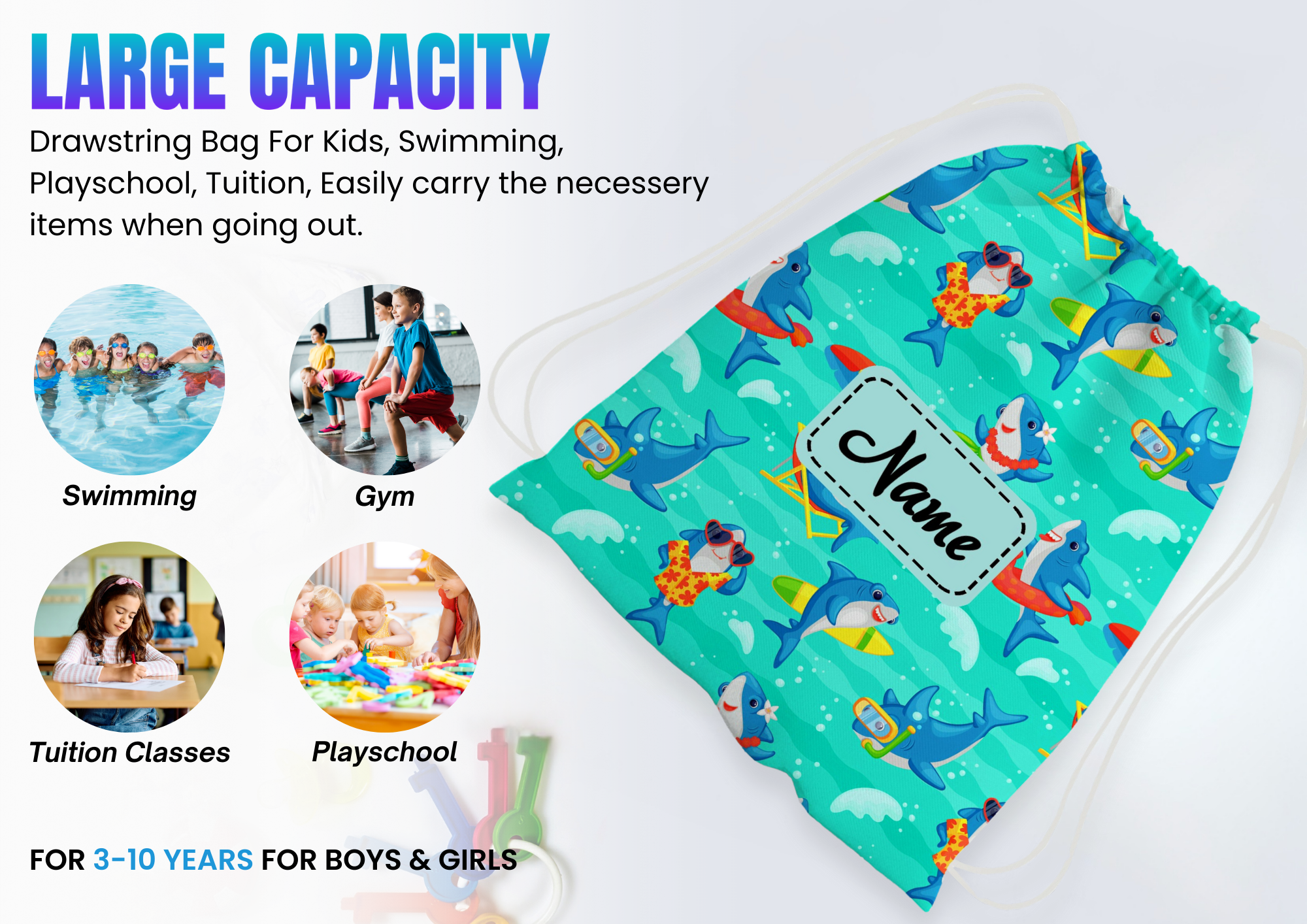 Baby of Mine Premium Waterproof Drawstring Backpack For Swimming Gym Yoga Tuition For 3-10 Years Girls And Boys - Cool Shark Print