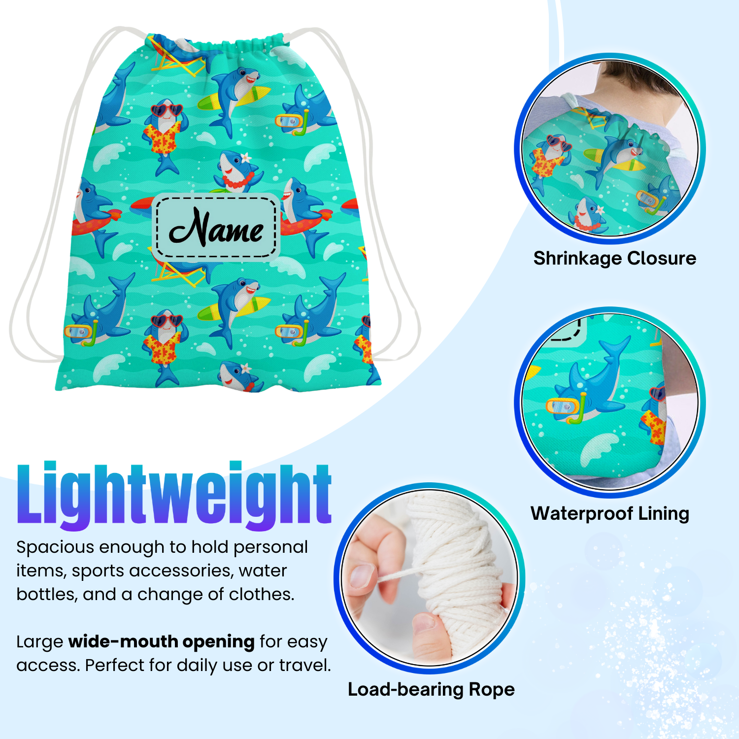 Baby of Mine Premium Waterproof Drawstring Backpack For Swimming Gym Yoga Tuition For 3-10 Years Girls And Boys - Cool Shark Print