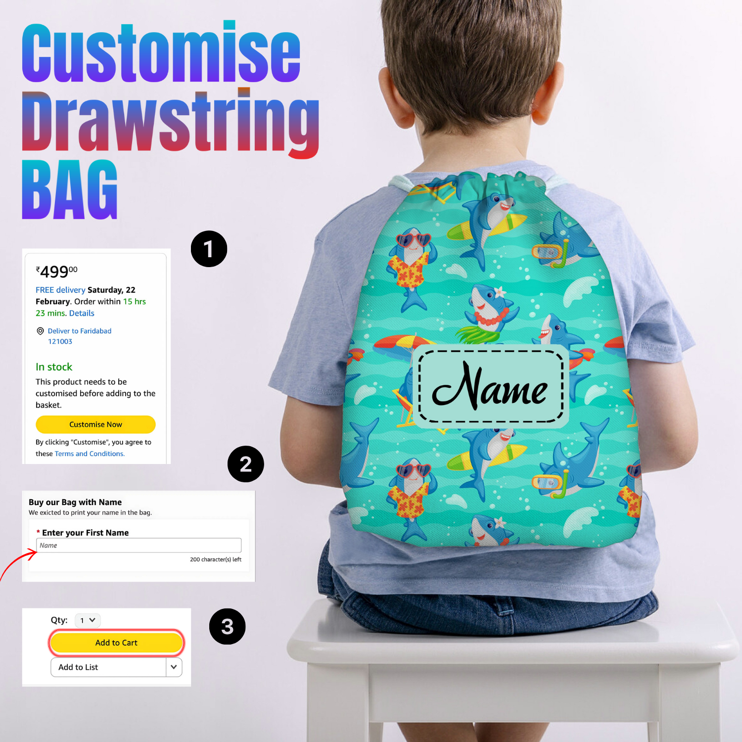Baby of Mine Premium Waterproof Drawstring Backpack For Swimming Gym Yoga Tuition For 3-10 Years Girls And Boys - Cool Shark Print