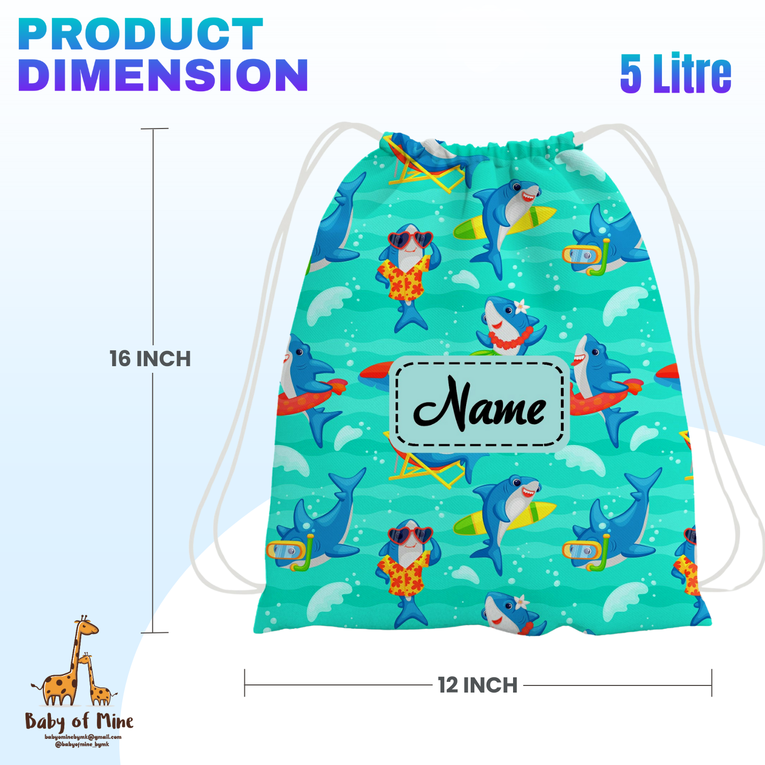 Baby of Mine Premium Waterproof Drawstring Backpack For Swimming Gym Yoga Tuition For 3-10 Years Girls And Boys - Cool Shark Print