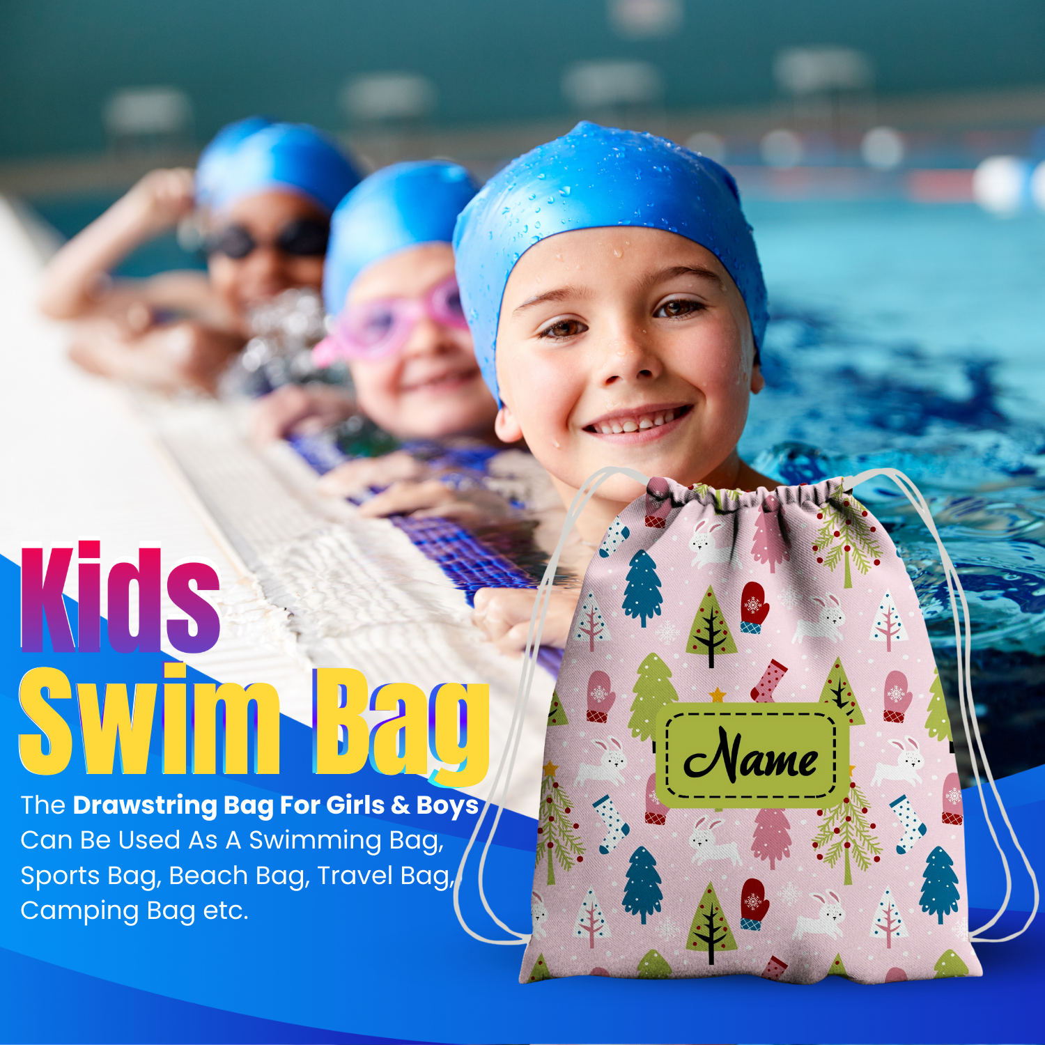 Baby of Mine Premium Waterproof Drawstring Backpack For Swimming Gym Yoga Tuition For 3-10 Years Girls And Boys -  Christmas Print