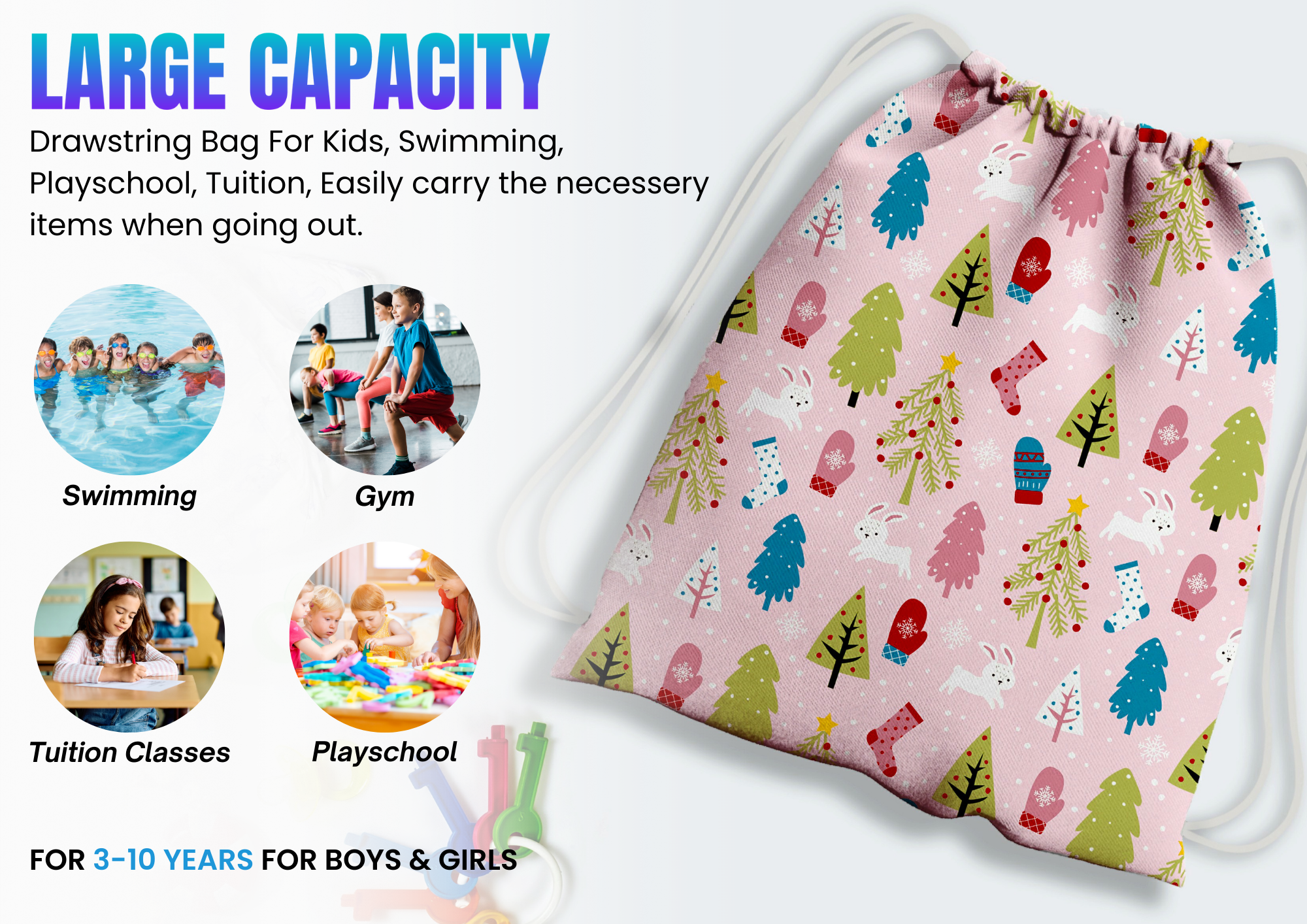 Baby of Mine Premium Waterproof Drawstring Backpack For Swimming Gym Yoga Tuition For 3-10 Years Girls And Boys -  Christmas Print