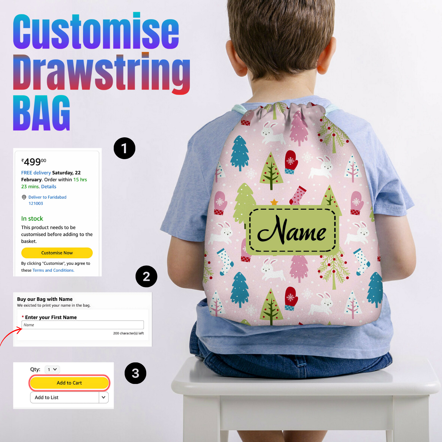 Baby of Mine Premium Waterproof Drawstring Backpack For Swimming Gym Yoga Tuition For 3-10 Years Girls And Boys -  Christmas Print