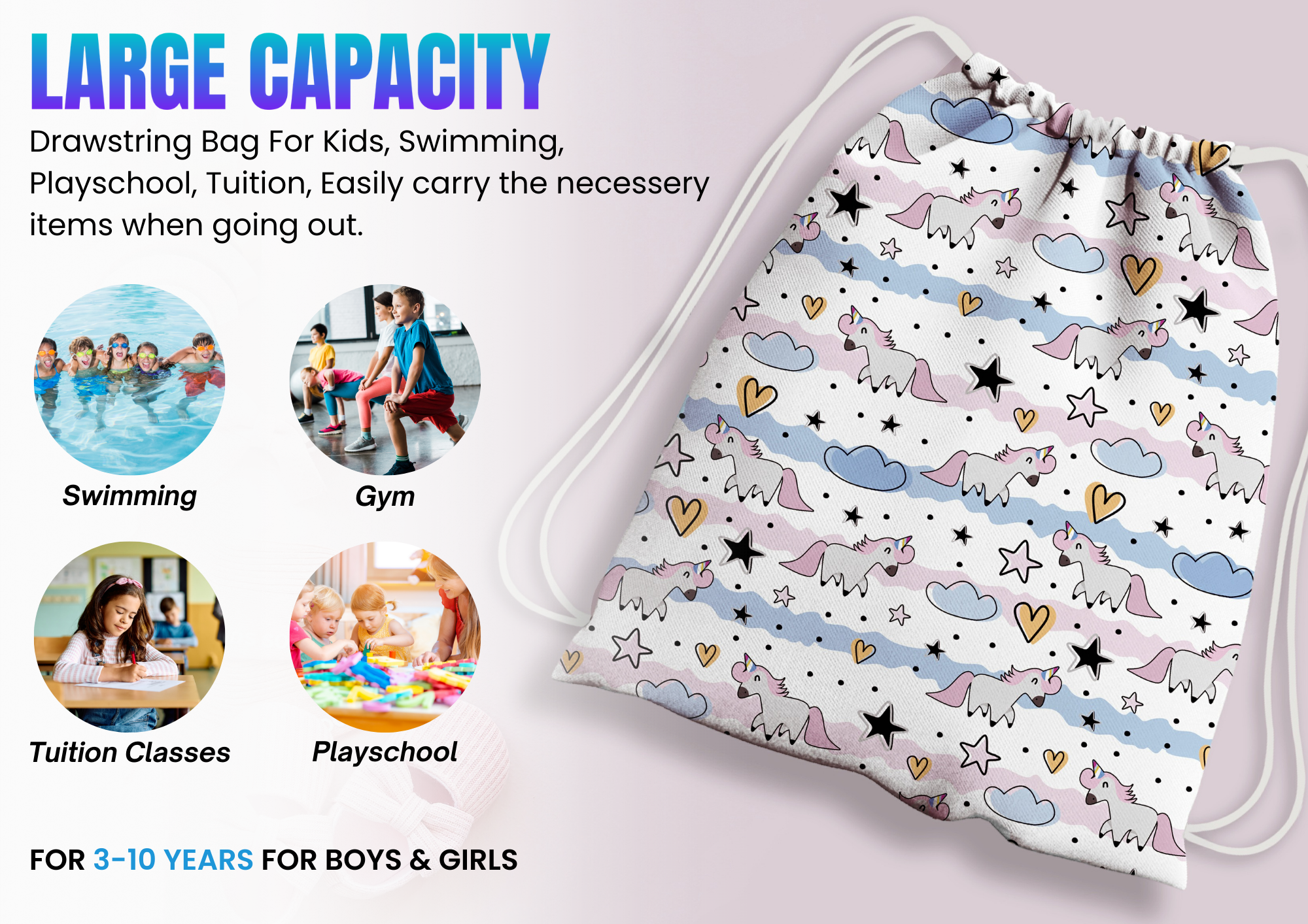 Baby of Mine Premium Waterproof Drawstring Backpack For Swimming Gym Yoga Tuition For 3-10 Years Girls And Boys - Unicorn Star Print