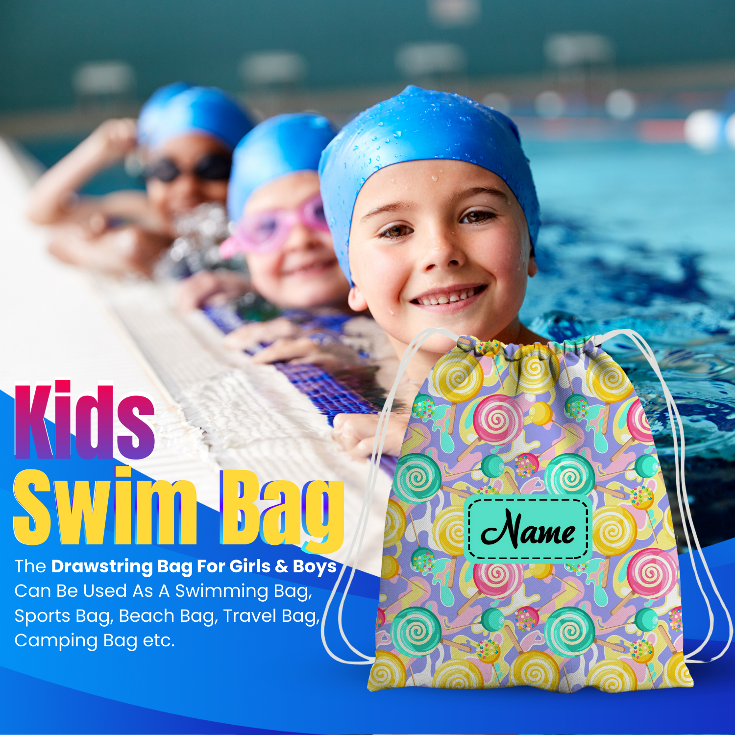 Baby of Mine Premium Waterproof Drawstring Backpack For Swimming Gym Yoga Tuition For 3-10 Years Girls And Boys - Colourful Candy Print