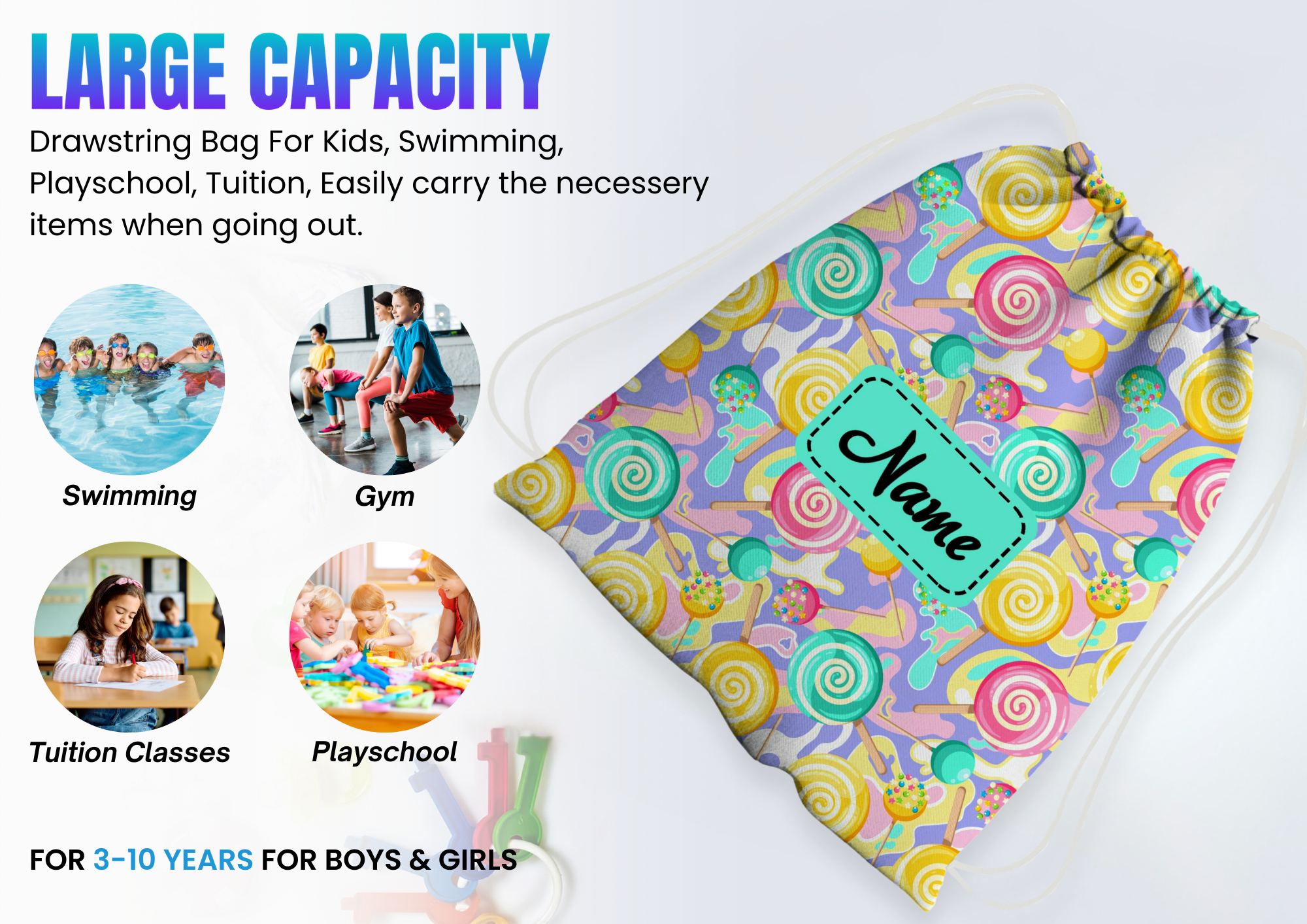 Baby of Mine Premium Waterproof Drawstring Backpack For Swimming Gym Yoga Tuition For 3-10 Years Girls And Boys - Colourful Candy Print