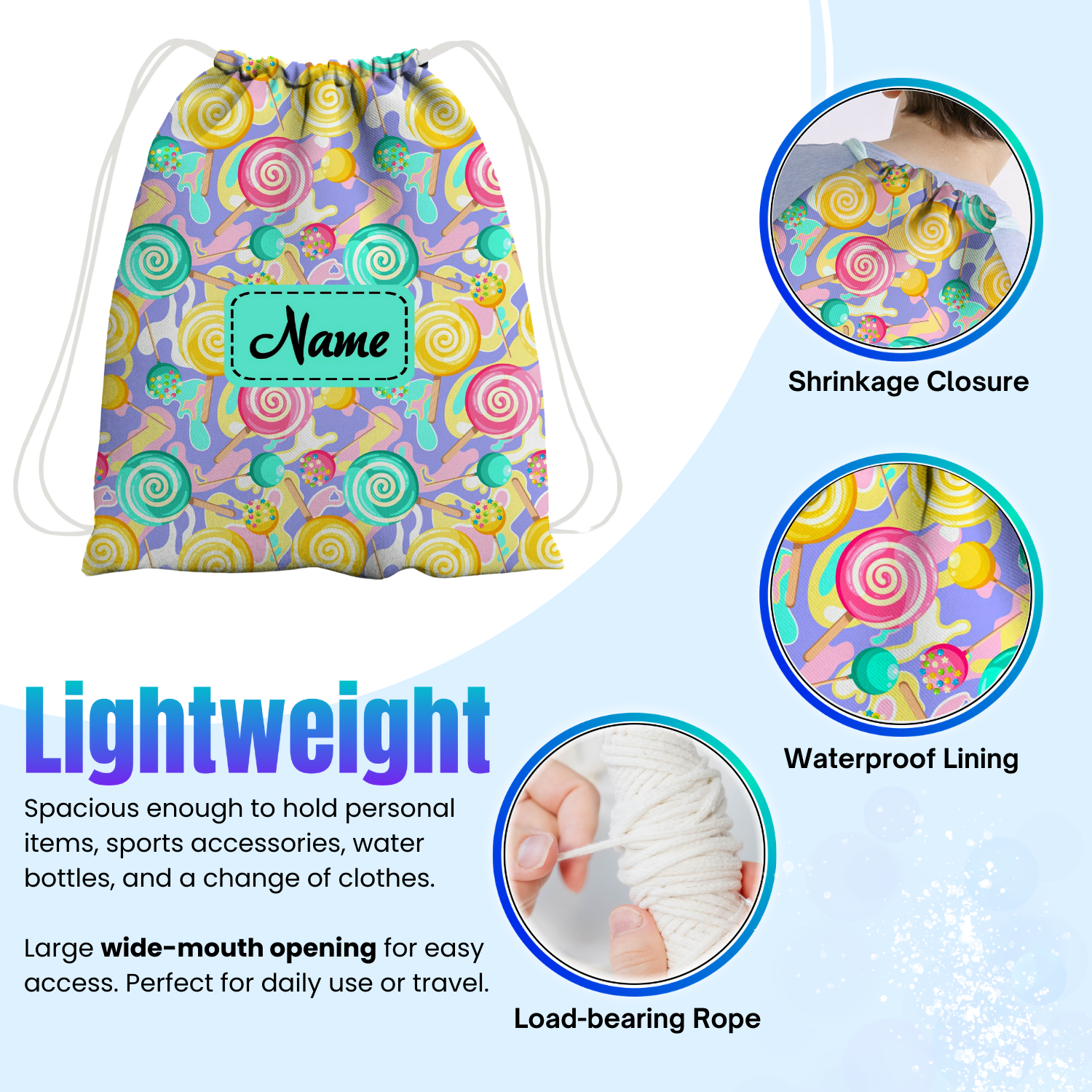 Baby of Mine Premium Waterproof Drawstring Backpack For Swimming Gym Yoga Tuition For 3-10 Years Girls And Boys - Colourful Candy Print