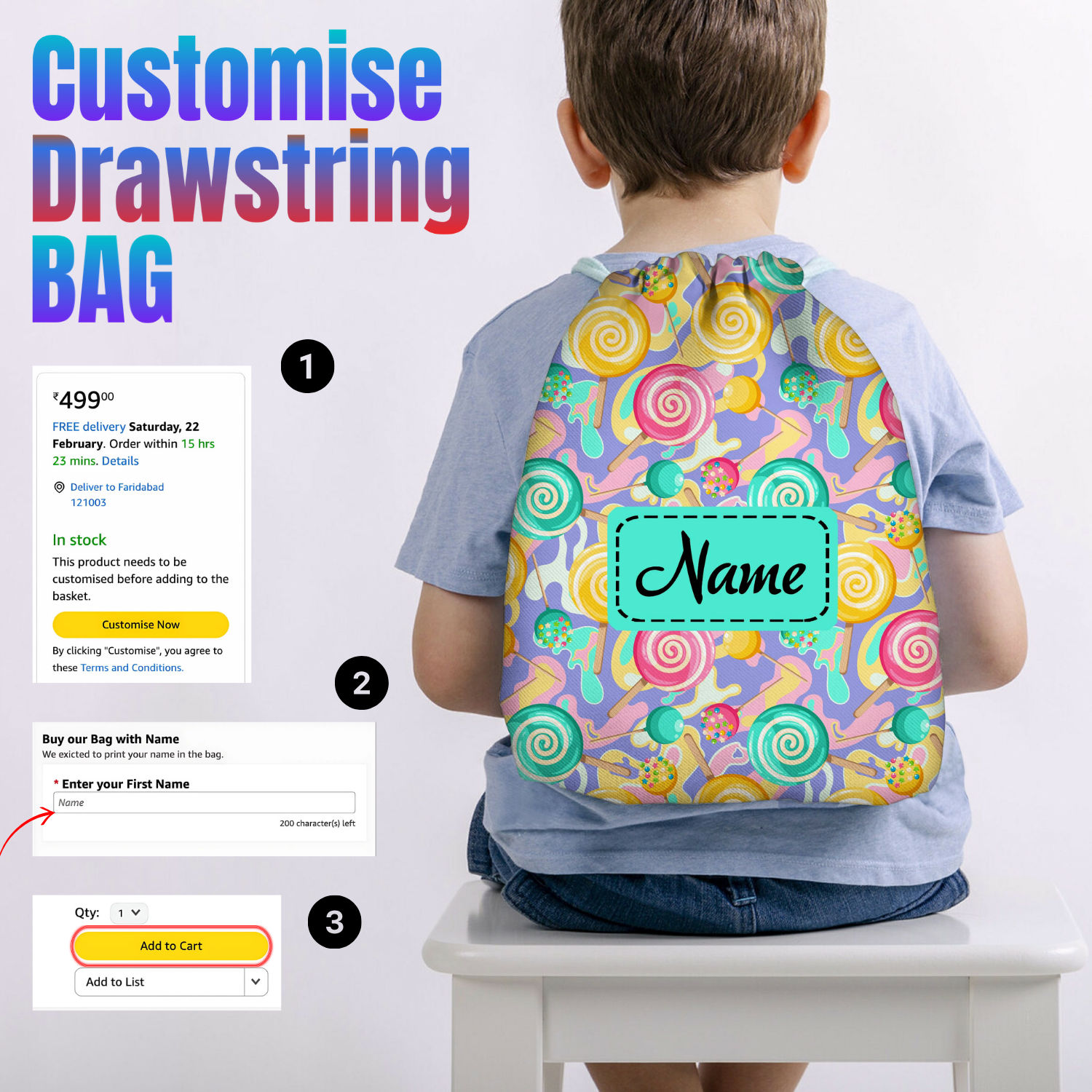 Baby of Mine Premium Waterproof Drawstring Backpack For Swimming Gym Yoga Tuition For 3-10 Years Girls And Boys - Colourful Candy Print