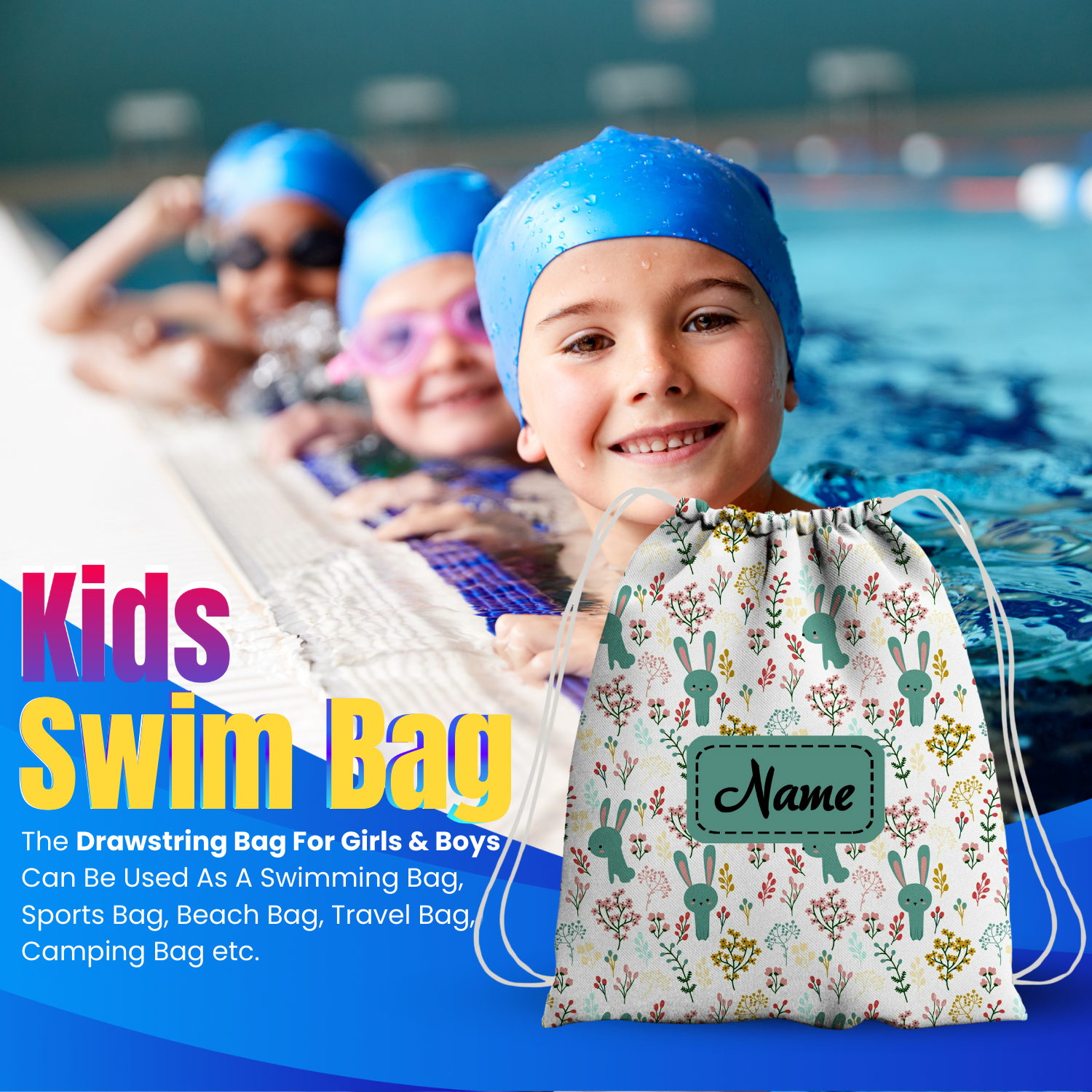 Baby of Mine Premium Waterproof Drawstring Backpack For Swimming Gym Yoga Tuition For 3-10 Years Girls And Boys - Rabbit Garden Print