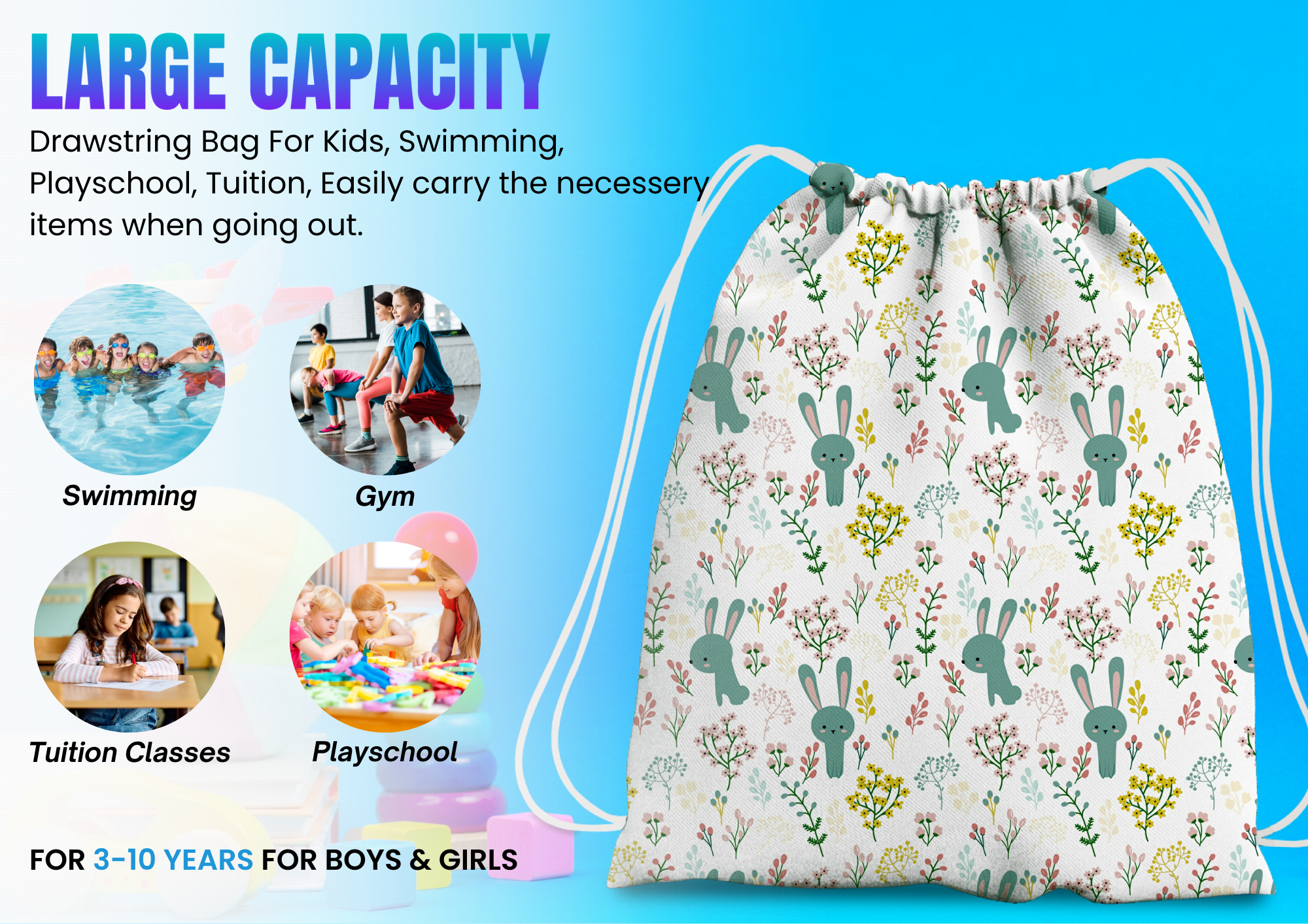 Baby of Mine Premium Waterproof Drawstring Backpack For Swimming Gym Yoga Tuition For 3-10 Years Girls And Boys - Rabbit Garden Print