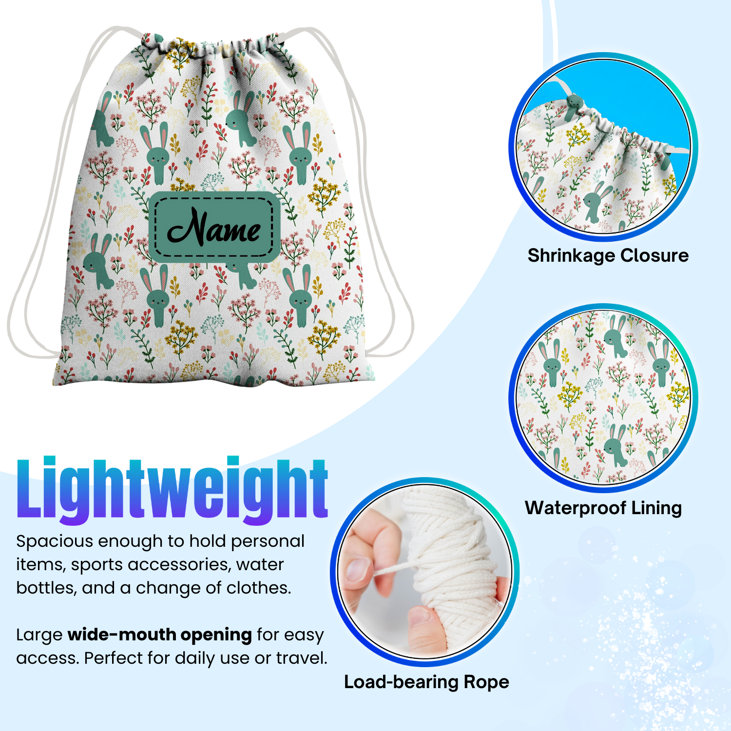 Baby of Mine Premium Waterproof Drawstring Backpack For Swimming Gym Yoga Tuition For 3-10 Years Girls And Boys - Rabbit Garden Print