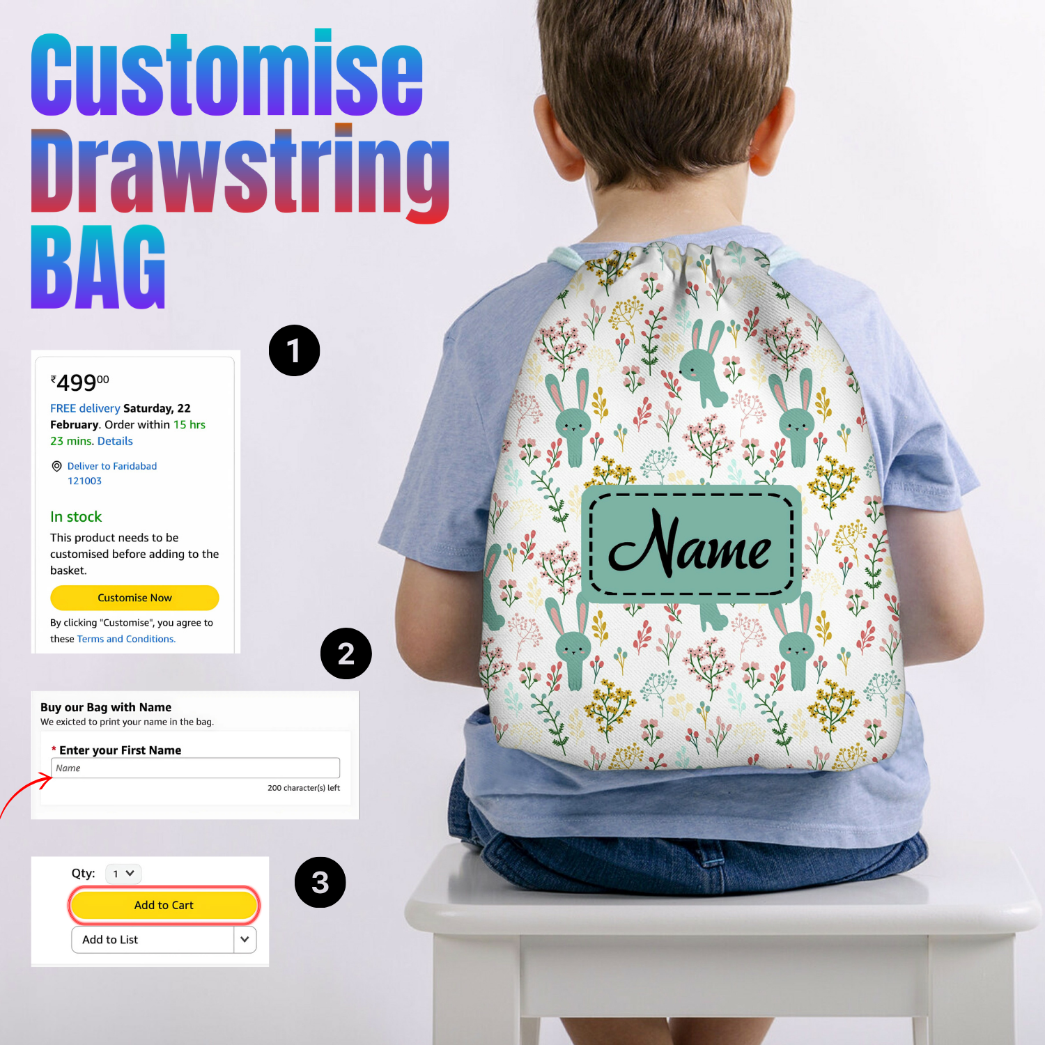 Baby of Mine Premium Waterproof Drawstring Backpack For Swimming Gym Yoga Tuition For 3-10 Years Girls And Boys - Rabbit Garden Print