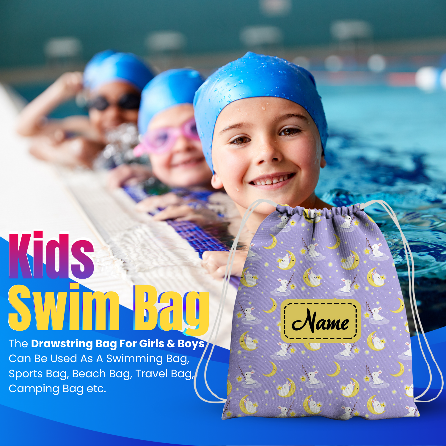 Baby of Mine Premium Waterproof Drawstring Backpack For Swimming Gym Yoga Tuition For 3-10 Years Girls And Boys - Rabbit Sky Print