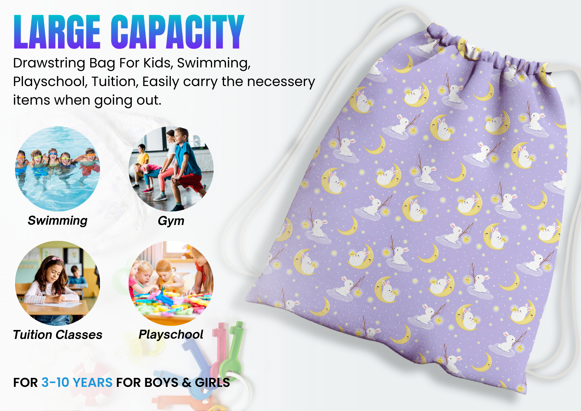 Baby of Mine Premium Waterproof Drawstring Backpack For Swimming Gym Yoga Tuition For 3-10 Years Girls And Boys - Rabbit Sky Print