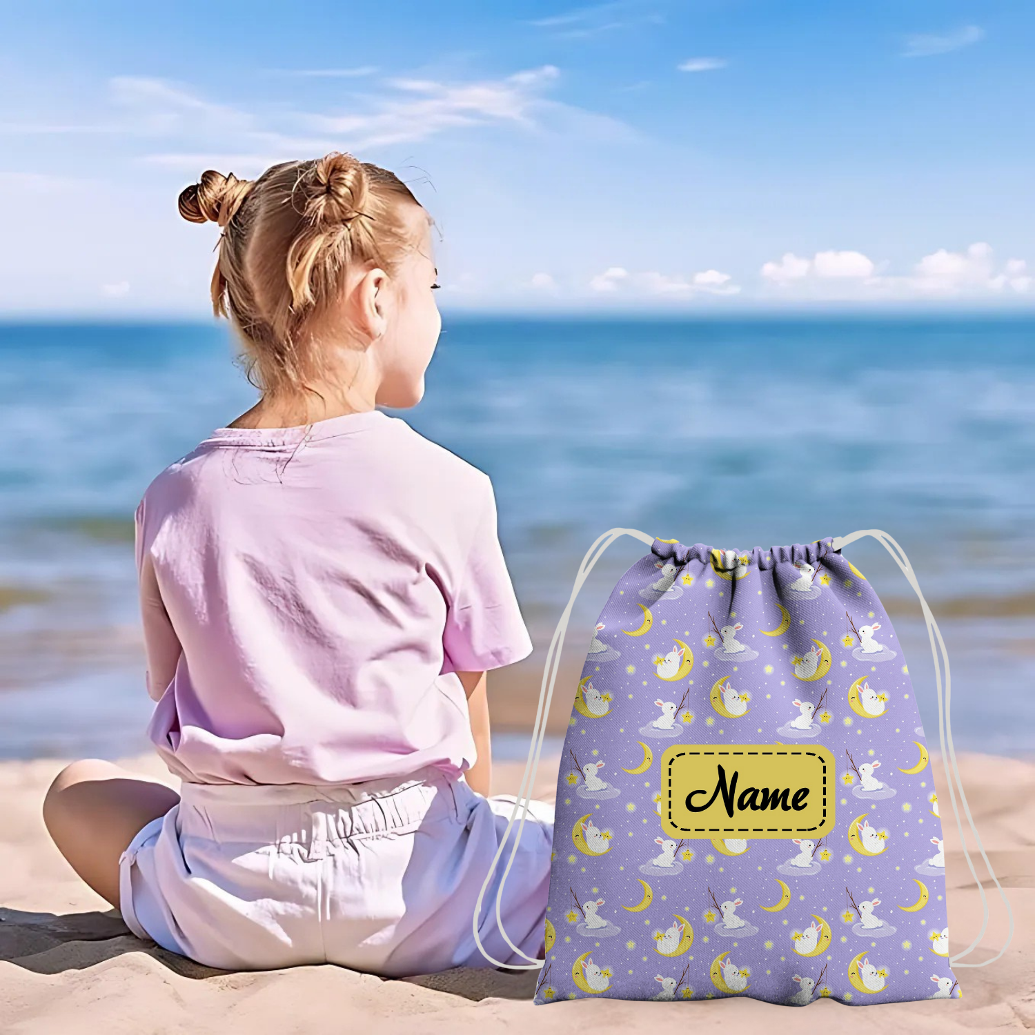 Baby of Mine Premium Waterproof Drawstring Backpack For Swimming Gym Yoga Tuition For 3-10 Years Girls And Boys - Rabbit Sky Print