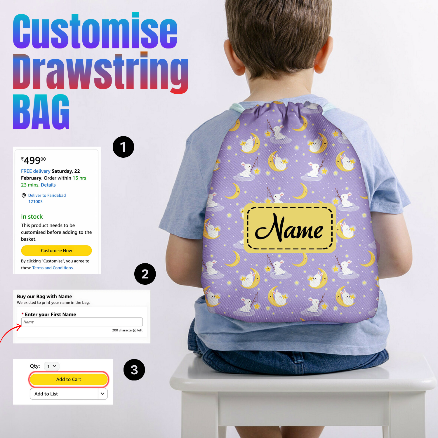 Baby of Mine Premium Waterproof Drawstring Backpack For Swimming Gym Yoga Tuition For 3-10 Years Girls And Boys - Rabbit Sky Print
