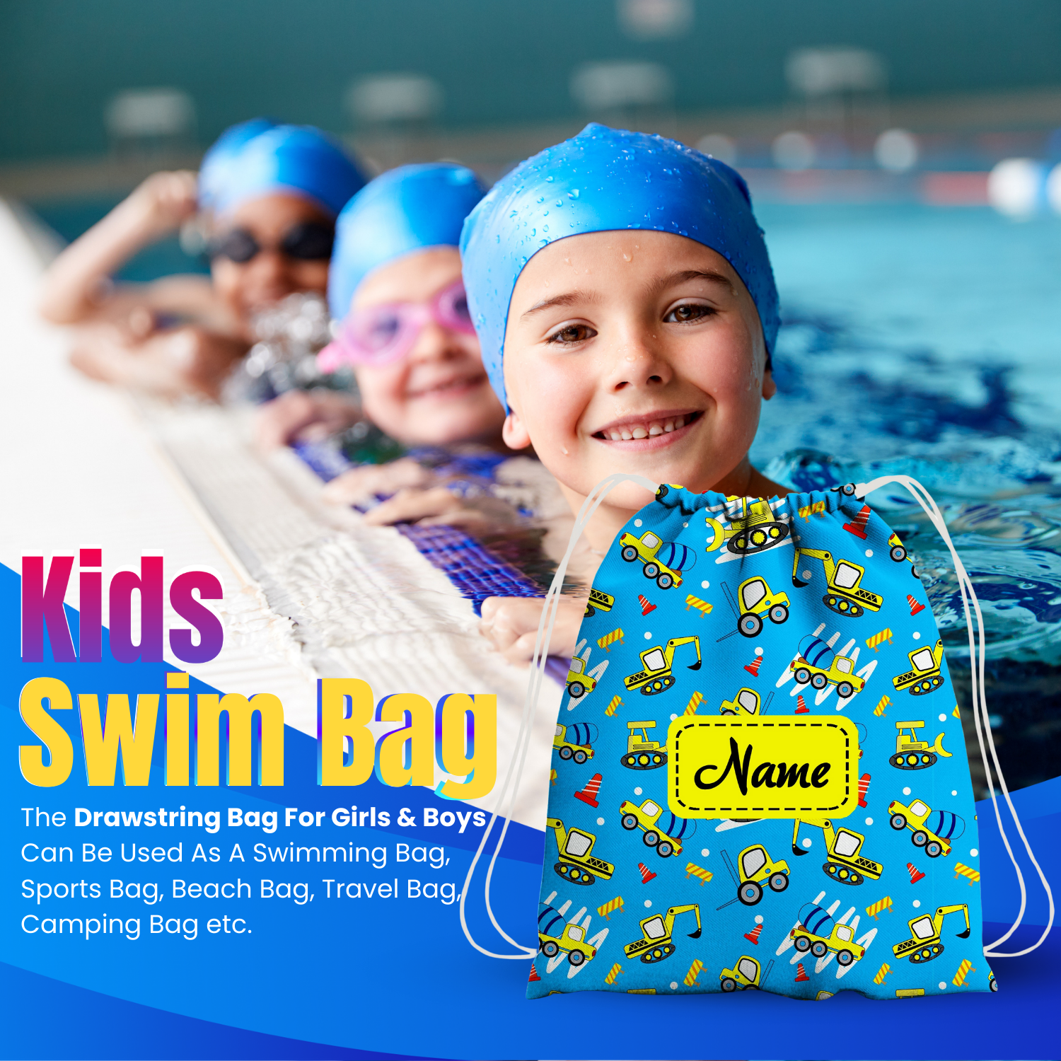 Earth Mover Waterproof Drawstring Bag For Swimming Gym Yoga Tuition For 3-10 Yrs Girls/Boys