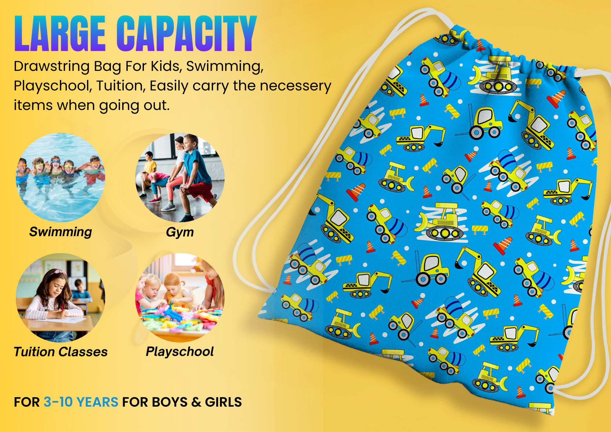 Earth Mover Waterproof Drawstring Bag For Swimming Gym Yoga Tuition For 3-10 Yrs Girls/Boys