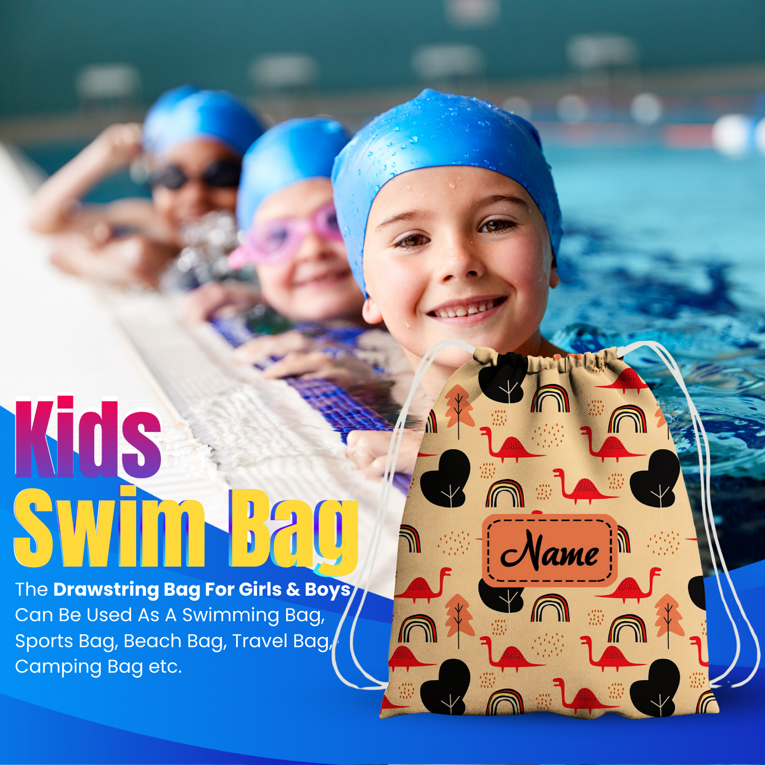 Baby of Mine Premium Waterproof Drawstring Backpack For Swimming Gym Yoga Tuition For 3-10 Years Girls And Boys - Dinosaur City Print