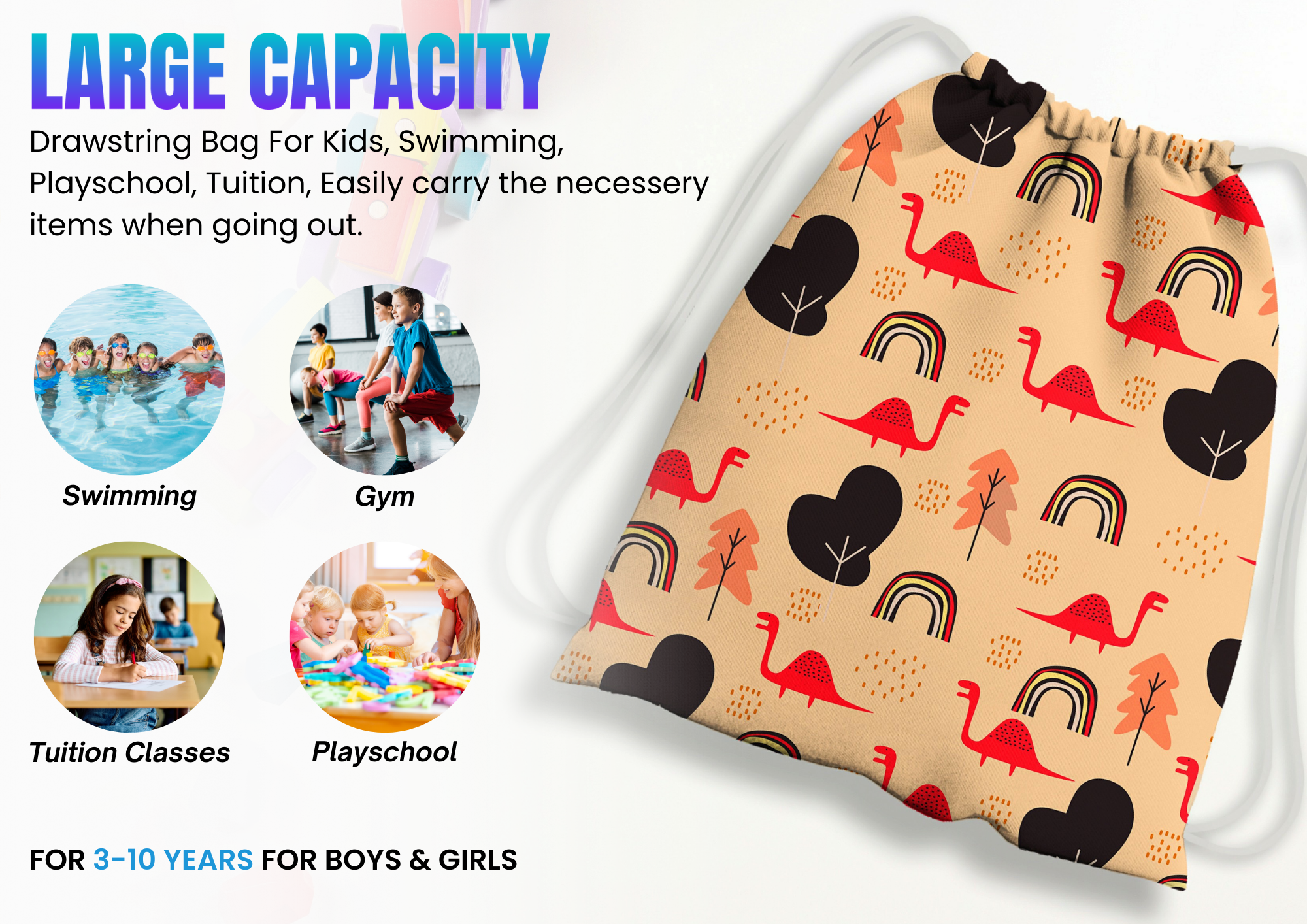 Baby of Mine Premium Waterproof Drawstring Backpack For Swimming Gym Yoga Tuition For 3-10 Years Girls And Boys - Dinosaur City Print