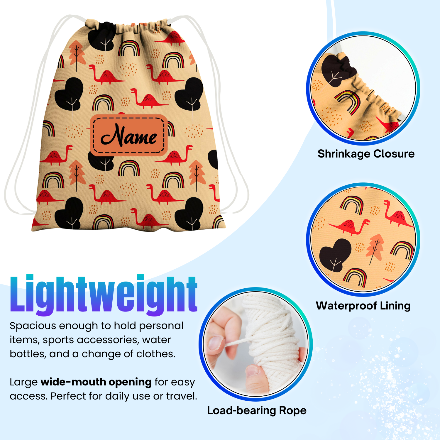 Baby of Mine Premium Waterproof Drawstring Backpack For Swimming Gym Yoga Tuition For 3-10 Years Girls And Boys - Dinosaur City Print