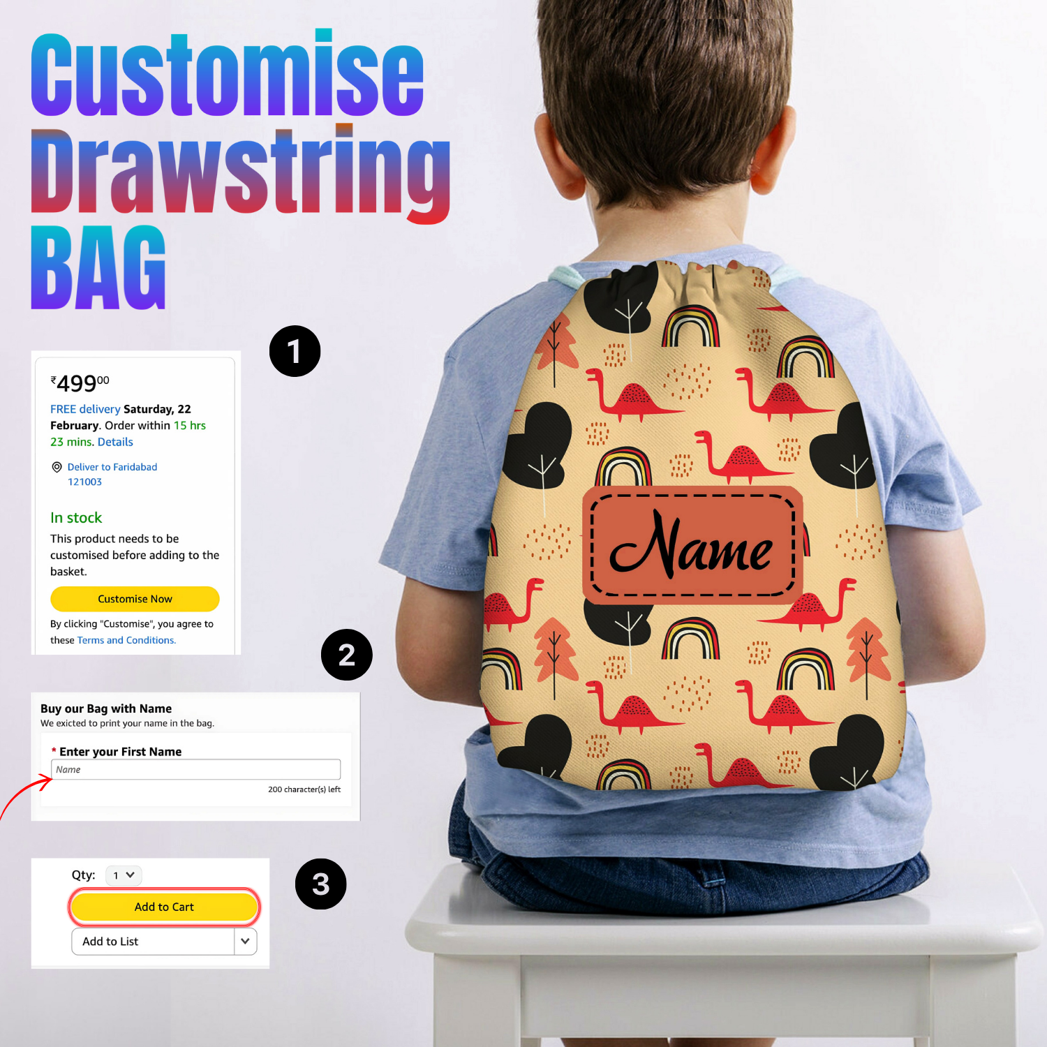 Baby of Mine Premium Waterproof Drawstring Backpack For Swimming Gym Yoga Tuition For 3-10 Years Girls And Boys - Dinosaur City Print