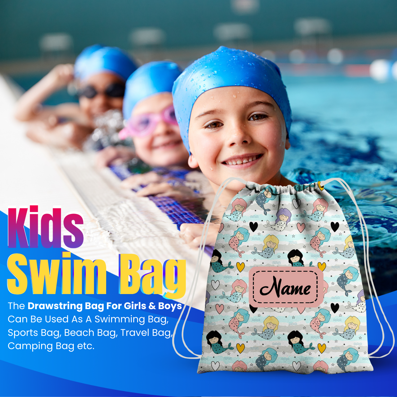 Baby of Mine Premium Waterproof Drawstring Backpack For Swimming Gym Yoga Tuition For 3-10 Years Girls And Boys - Mermaid Print