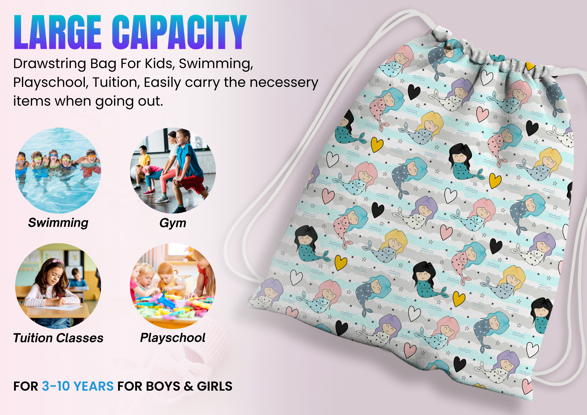 Baby of Mine Premium Waterproof Drawstring Backpack For Swimming Gym Yoga Tuition For 3-10 Years Girls And Boys - Mermaid Print