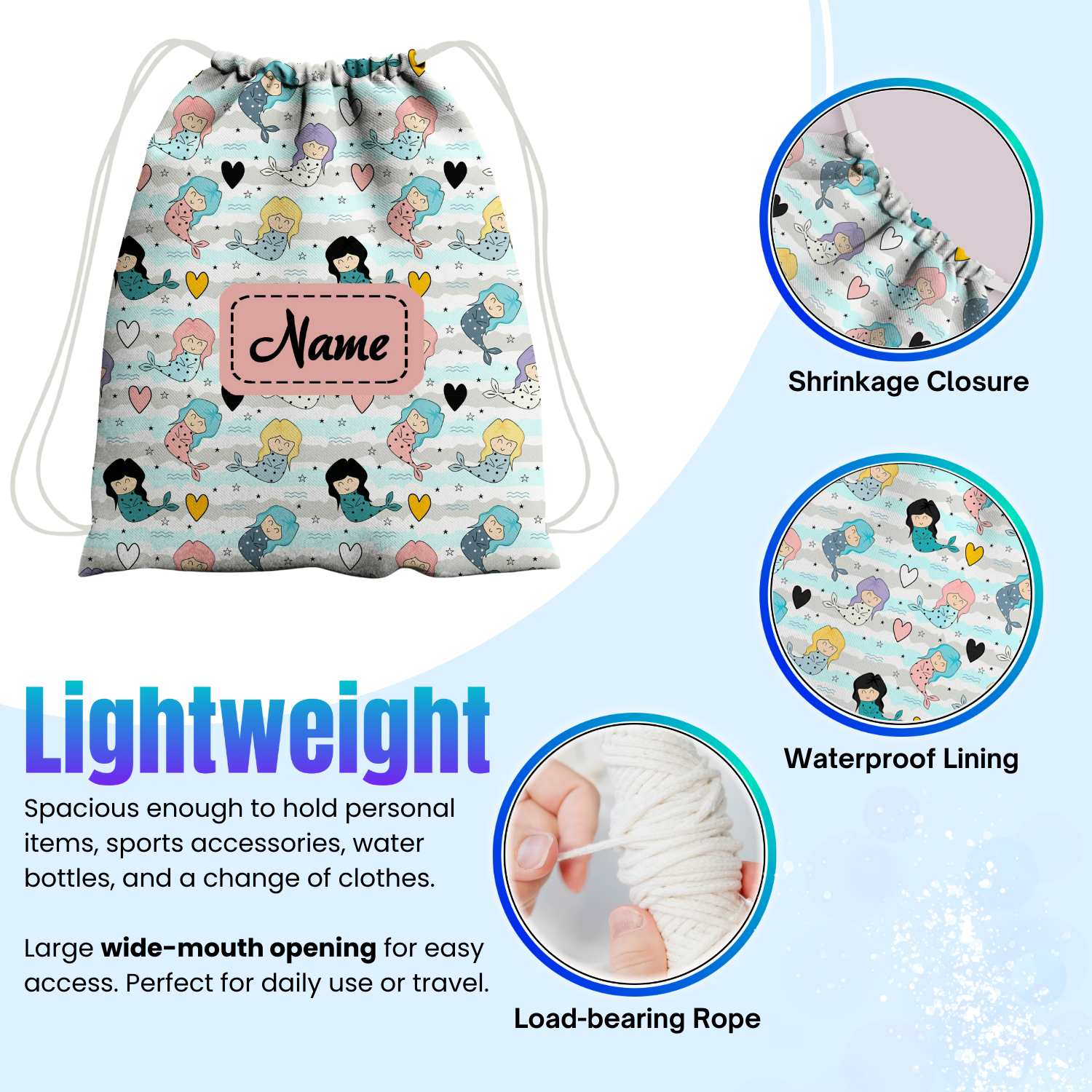 Baby of Mine Premium Waterproof Drawstring Backpack For Swimming Gym Yoga Tuition For 3-10 Years Girls And Boys - Mermaid Print