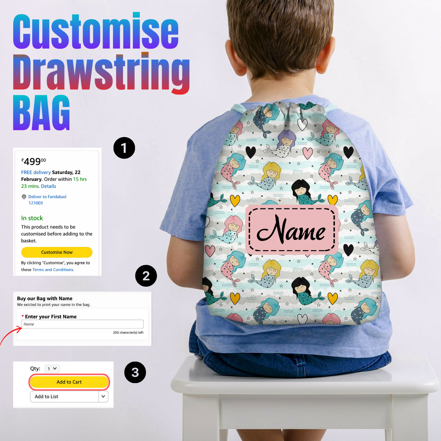 Baby of Mine Premium Waterproof Drawstring Backpack For Swimming Gym Yoga Tuition For 3-10 Years Girls And Boys - Mermaid Print