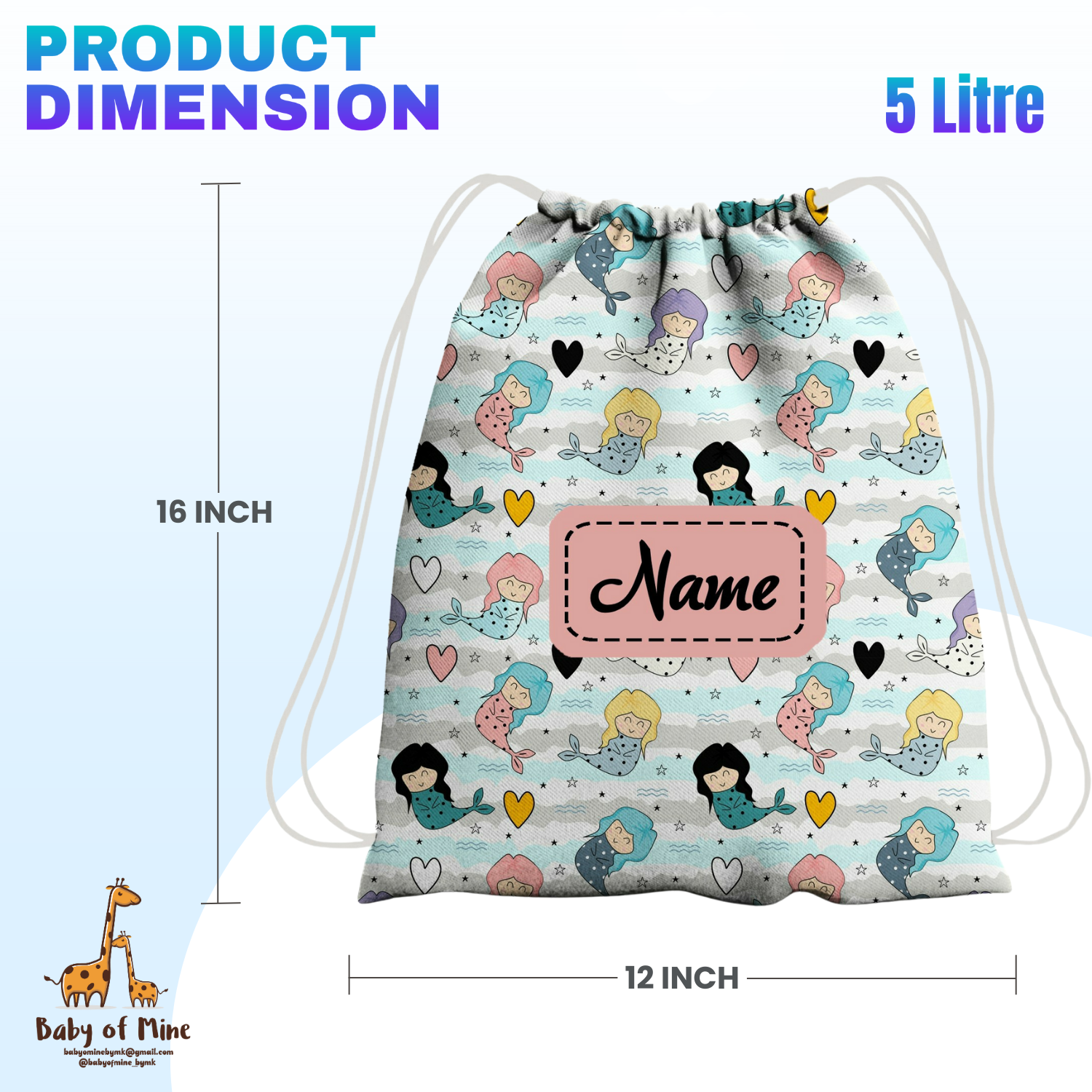 Baby of Mine Premium Waterproof Drawstring Backpack For Swimming Gym Yoga Tuition For 3-10 Years Girls And Boys - Mermaid Print