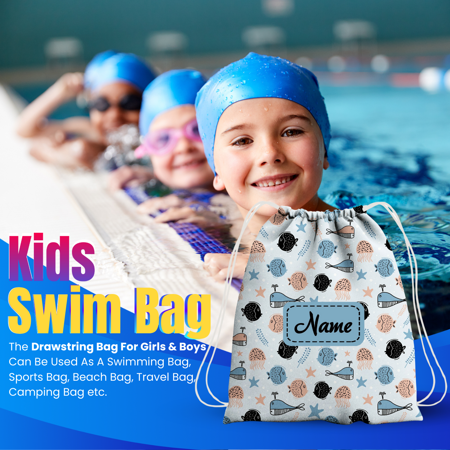 Baby of Mine Premium Waterproof Drawstring Backpack For Swimming Gym Yoga Tuition For 3-10 Years Girls And Boys - Sea Life Print
