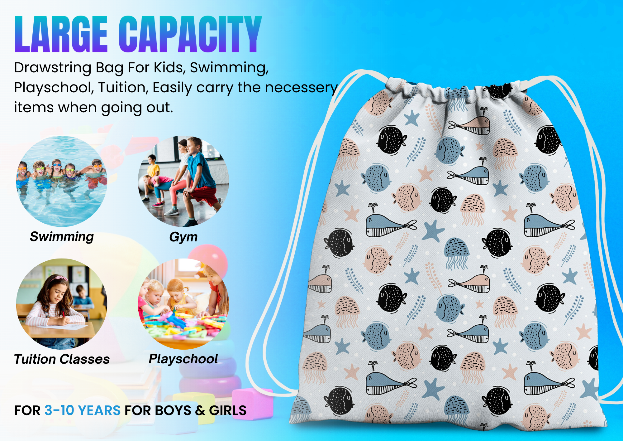 Baby of Mine Premium Waterproof Drawstring Backpack For Swimming Gym Yoga Tuition For 3-10 Years Girls And Boys - Sea Life Print