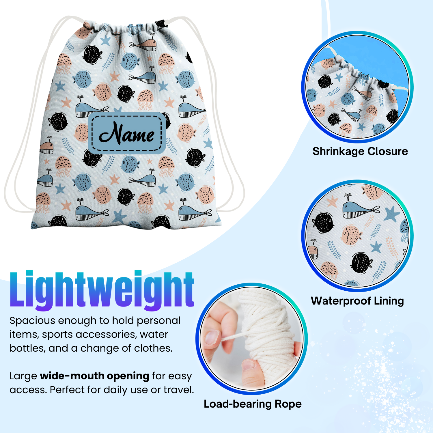 Baby of Mine Premium Waterproof Drawstring Backpack For Swimming Gym Yoga Tuition For 3-10 Years Girls And Boys - Sea Life Print