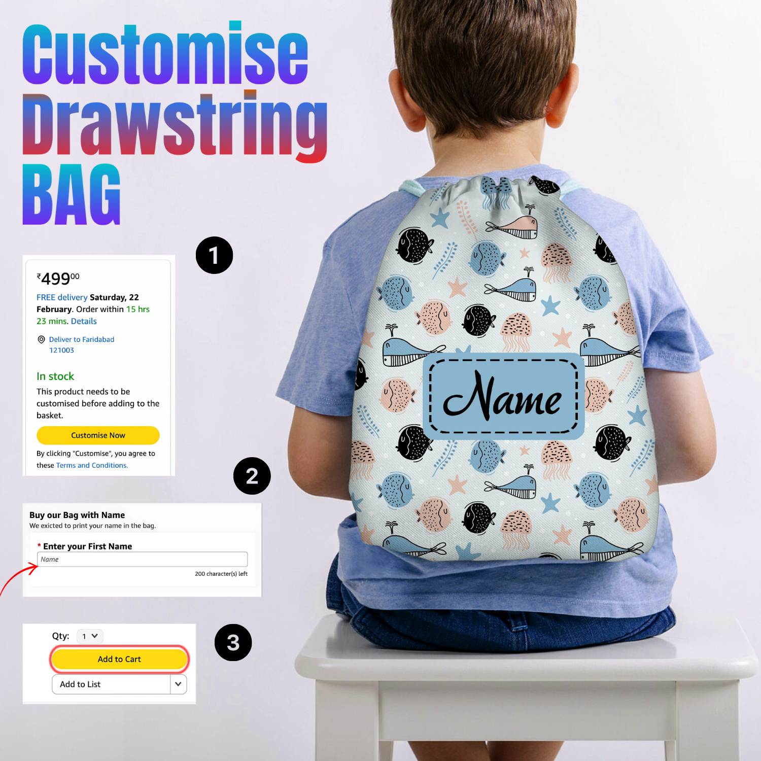 Baby of Mine Premium Waterproof Drawstring Backpack For Swimming Gym Yoga Tuition For 3-10 Years Girls And Boys - Sea Life Print