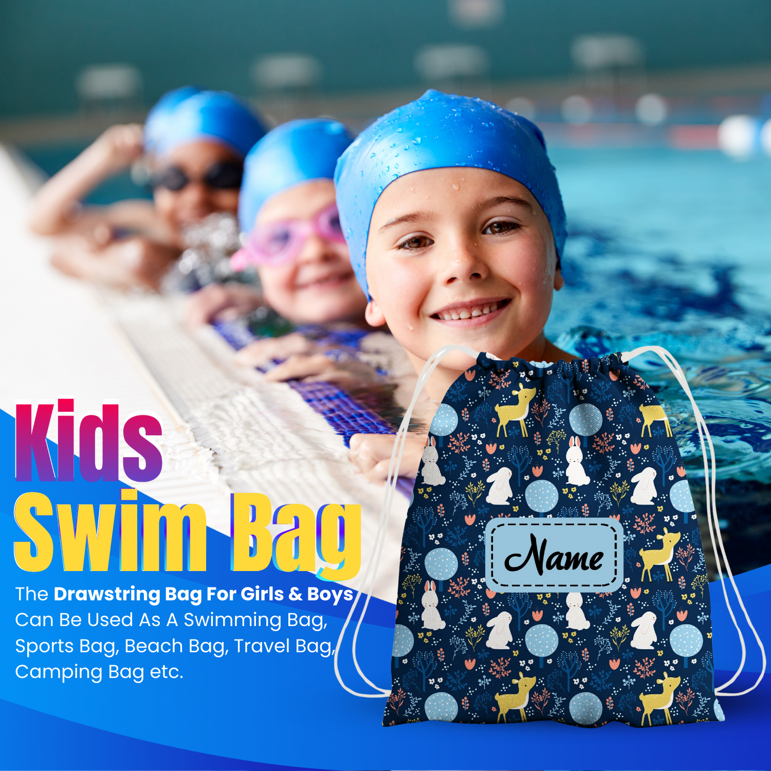 Baby of Mine Premium Waterproof Drawstring Backpack For Swimming Gym Yoga Tuition For 3-10 Years Girls And Boys - Deer Rabbit Print