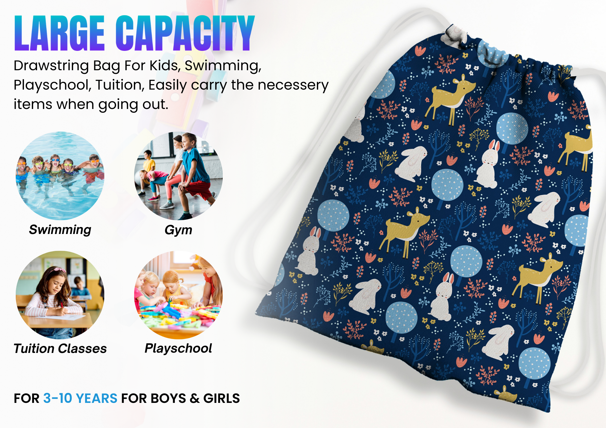 Baby of Mine Premium Waterproof Drawstring Backpack For Swimming Gym Yoga Tuition For 3-10 Years Girls And Boys - Deer Rabbit Print