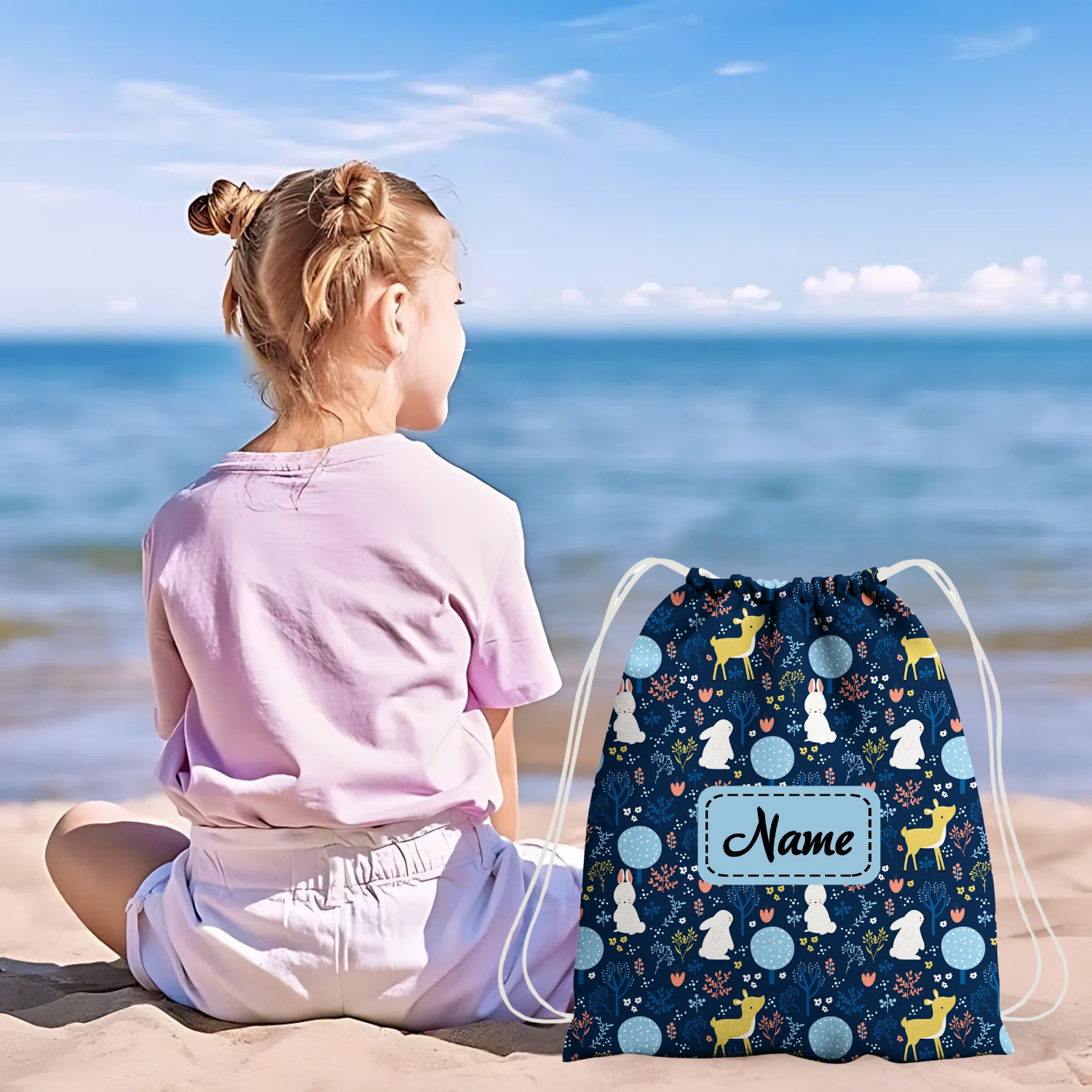 Baby of Mine Premium Waterproof Drawstring Backpack For Swimming Gym Yoga Tuition For 3-10 Years Girls And Boys - Deer Rabbit Print