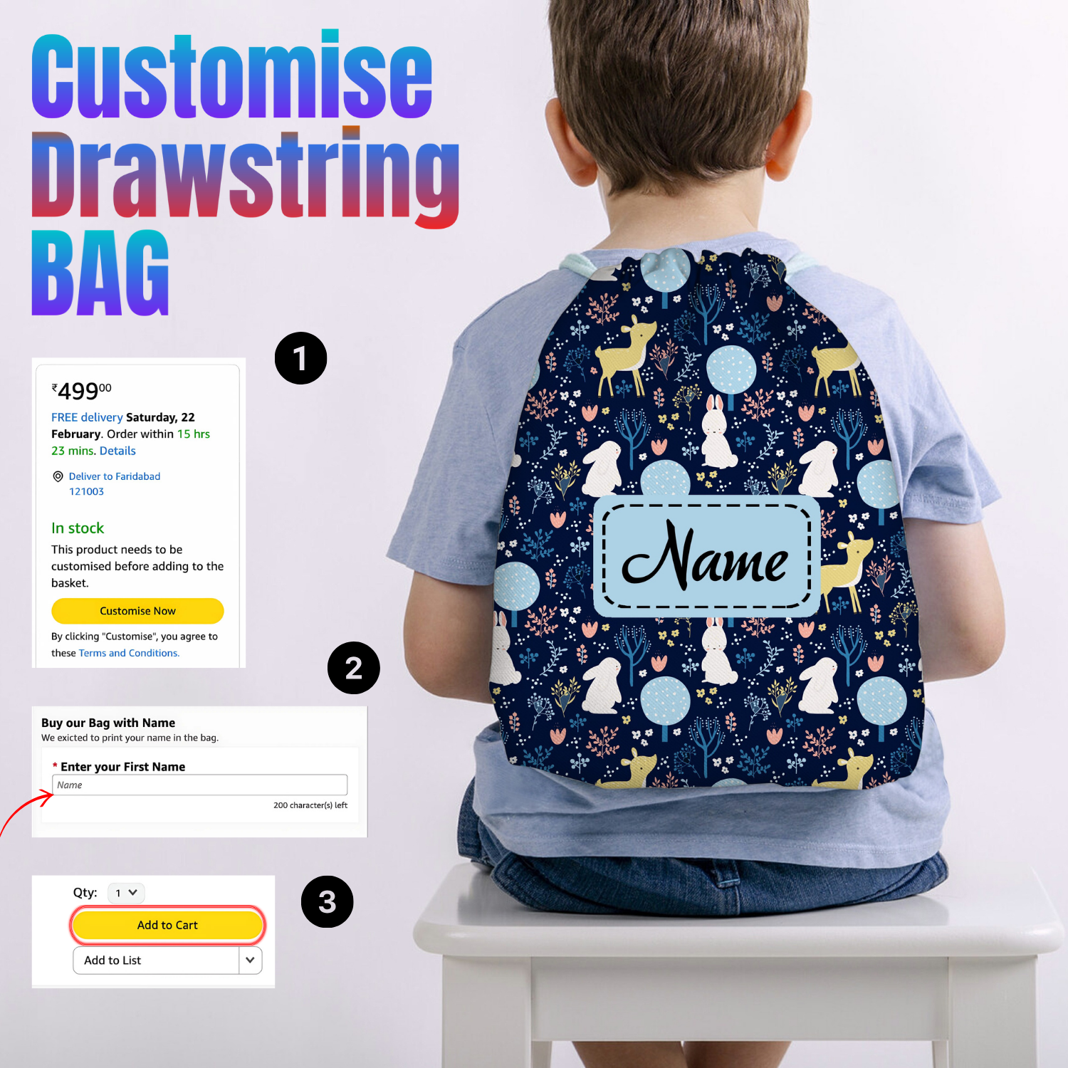 Baby of Mine Premium Waterproof Drawstring Backpack For Swimming Gym Yoga Tuition For 3-10 Years Girls And Boys - Deer Rabbit Print