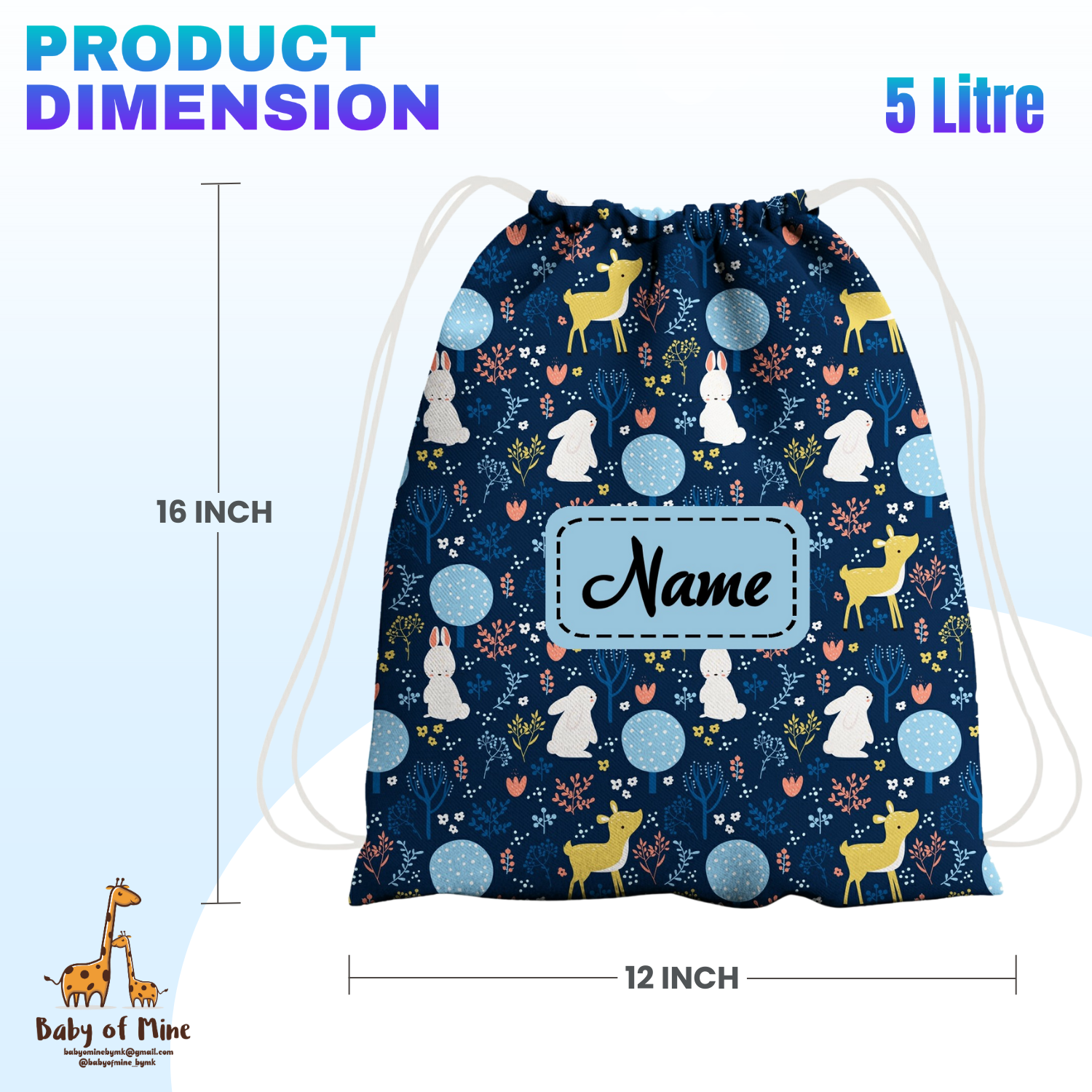 Baby of Mine Premium Waterproof Drawstring Backpack For Swimming Gym Yoga Tuition For 3-10 Years Girls And Boys - Deer Rabbit Print