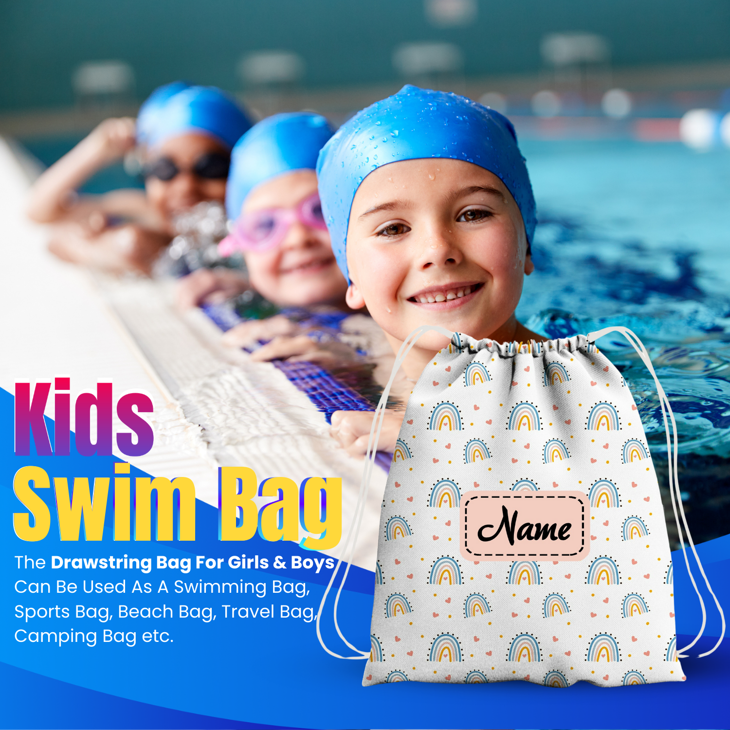 Baby of Mine Premium Waterproof Drawstring Backpack For Swimming Gym Yoga Tuition For 3-10 Years Girls And Boys - Rainbow Print
