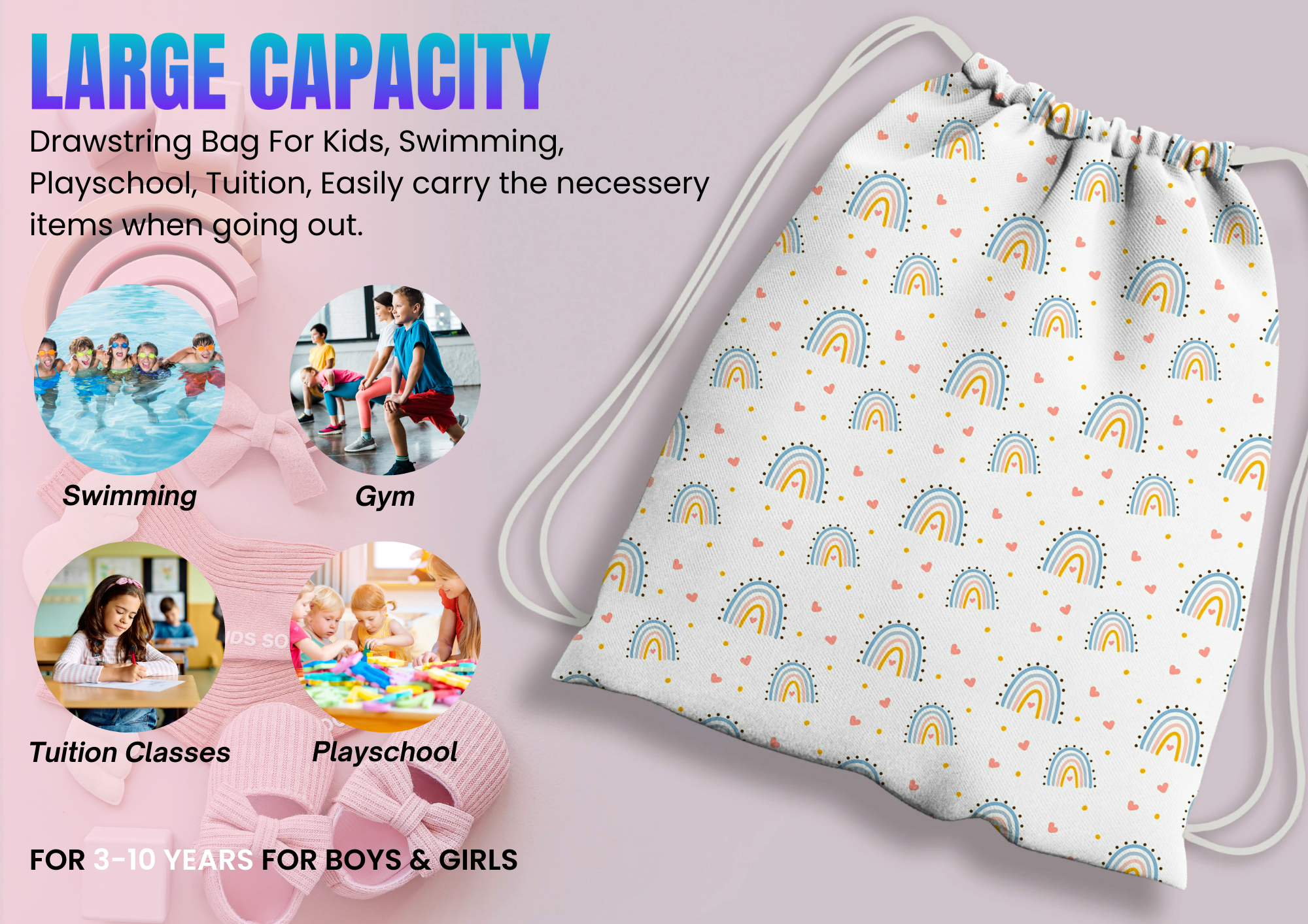 Baby of Mine Premium Waterproof Drawstring Backpack For Swimming Gym Yoga Tuition For 3-10 Years Girls And Boys - Rainbow Print