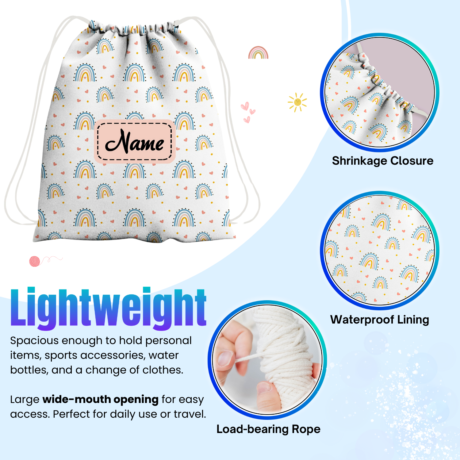 Baby of Mine Premium Waterproof Drawstring Backpack For Swimming Gym Yoga Tuition For 3-10 Years Girls And Boys - Rainbow Print