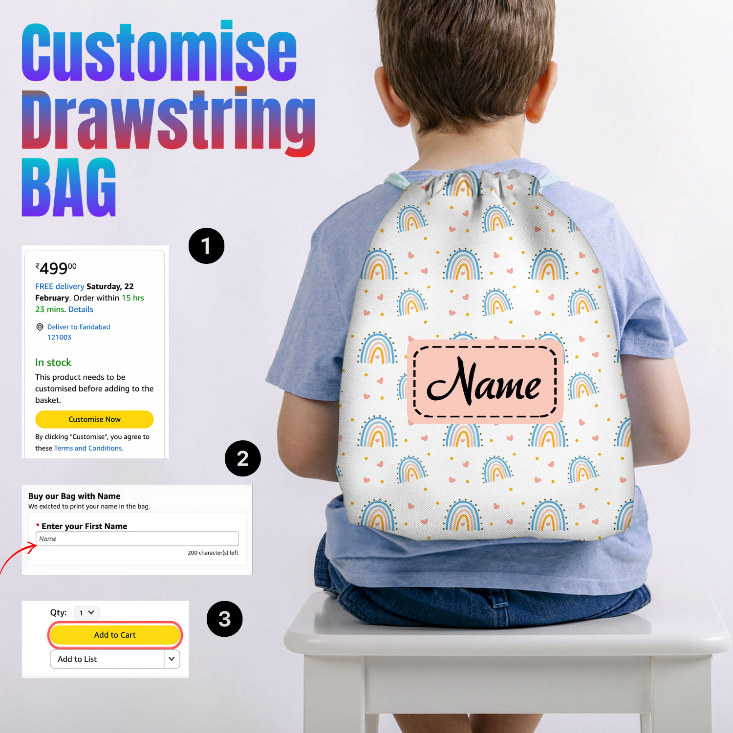 Baby of Mine Premium Waterproof Drawstring Backpack For Swimming Gym Yoga Tuition For 3-10 Years Girls And Boys - Rainbow Print