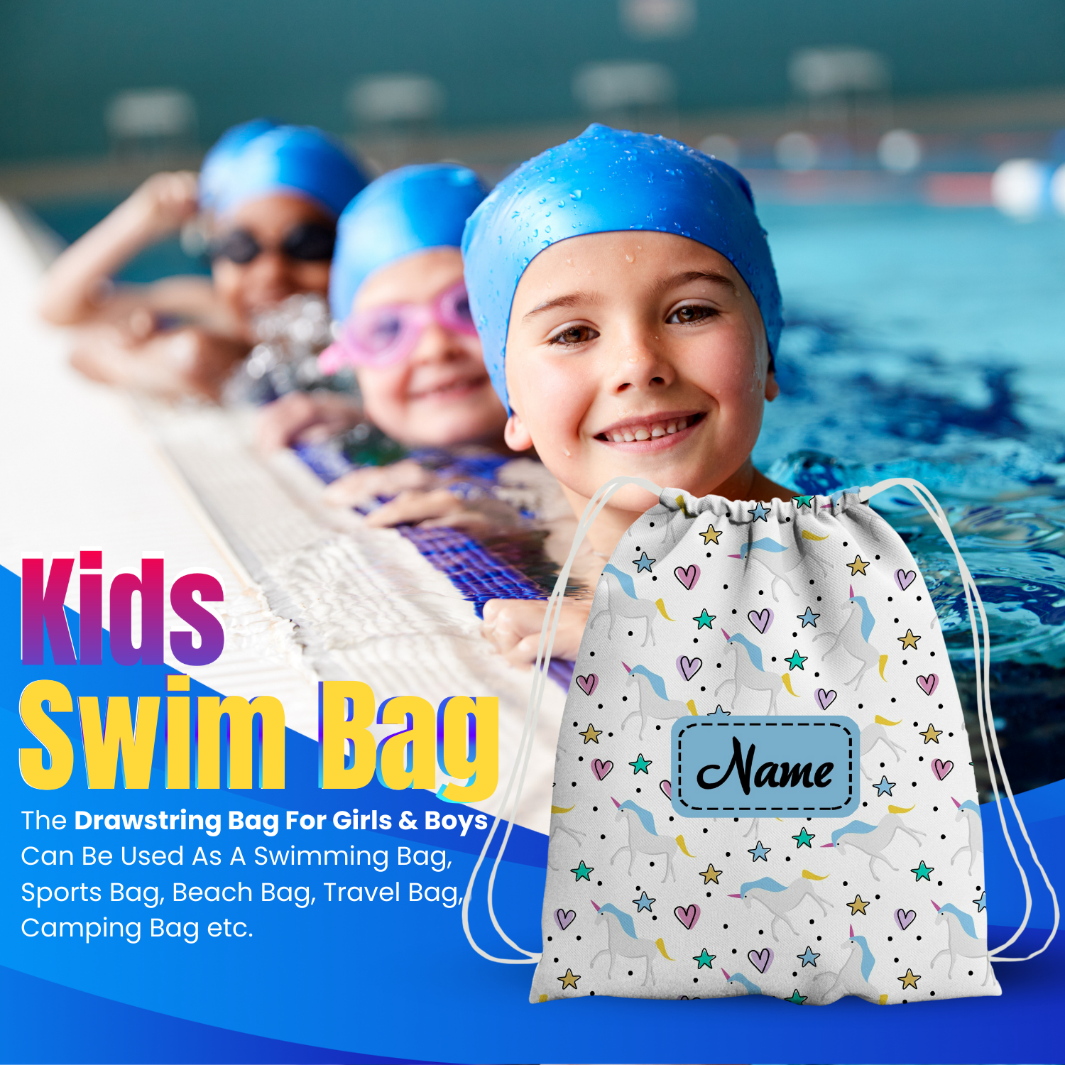 Baby of Mine Premium Waterproof Drawstring Backpack For Swimming Gym Yoga Tuition For 3-10 Years Girls And Boys - Unicorn Heart Print