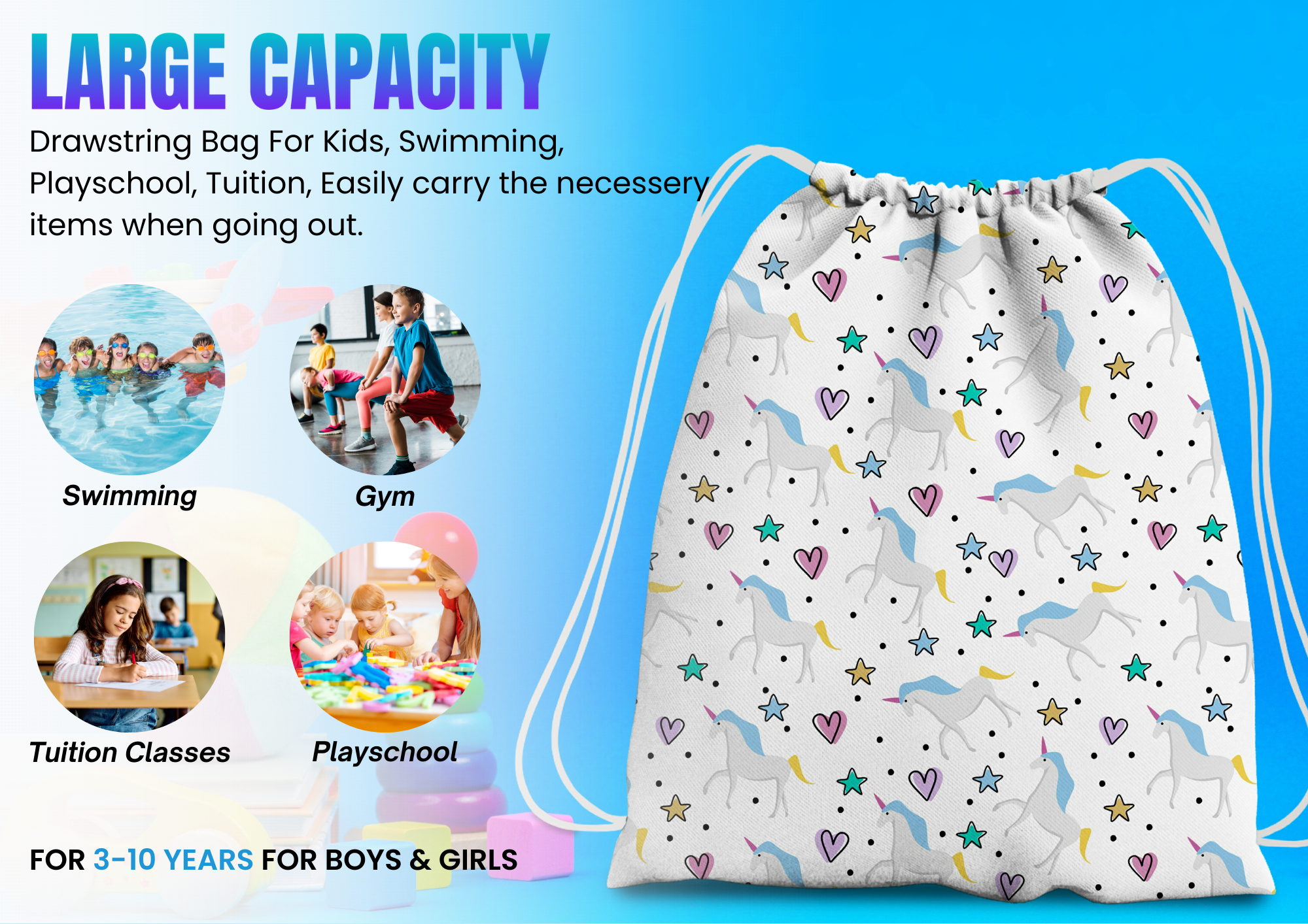 Baby of Mine Premium Waterproof Drawstring Backpack For Swimming Gym Yoga Tuition For 3-10 Years Girls And Boys - Unicorn Heart Print