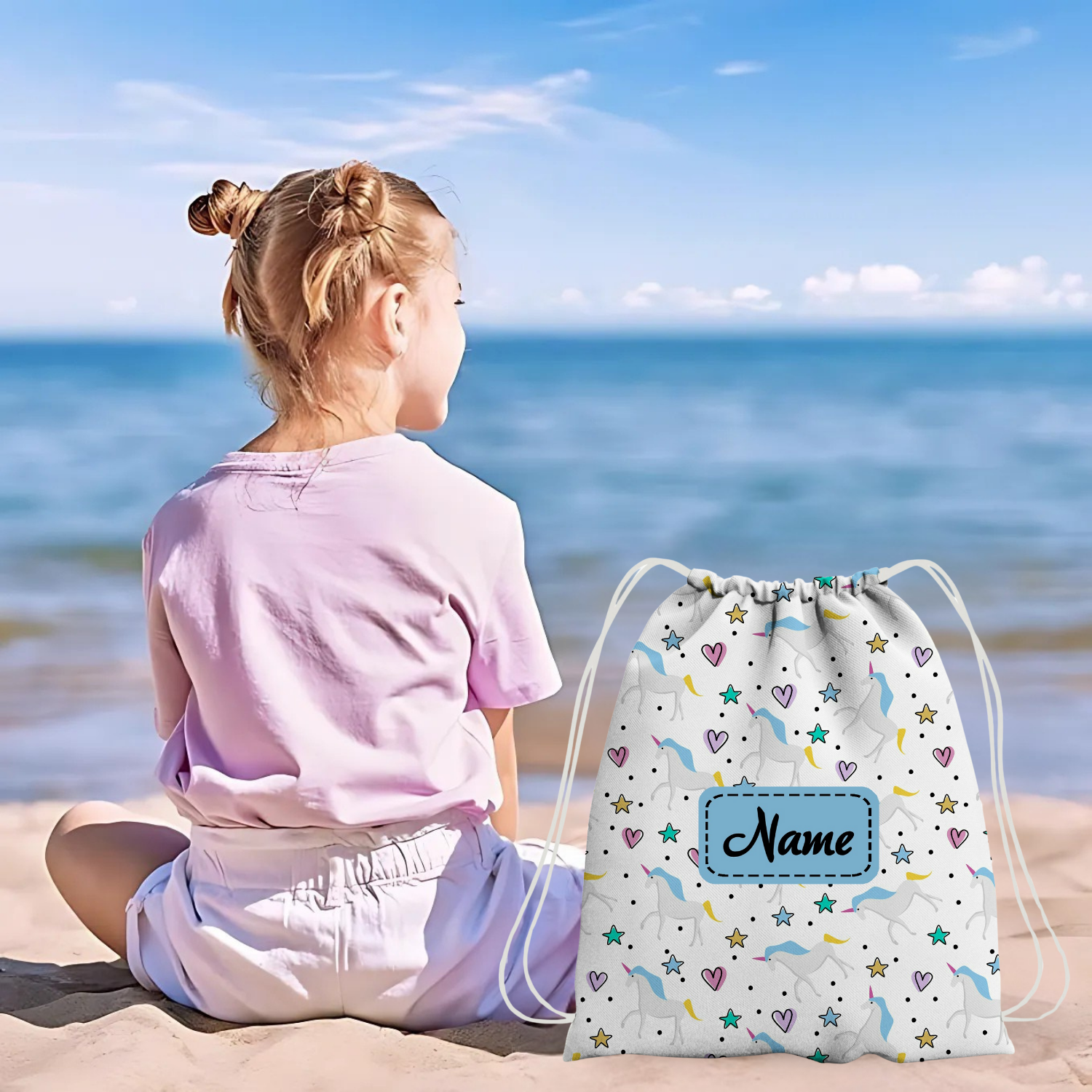 Baby of Mine Premium Waterproof Drawstring Backpack For Swimming Gym Yoga Tuition For 3-10 Years Girls And Boys - Unicorn Heart Print