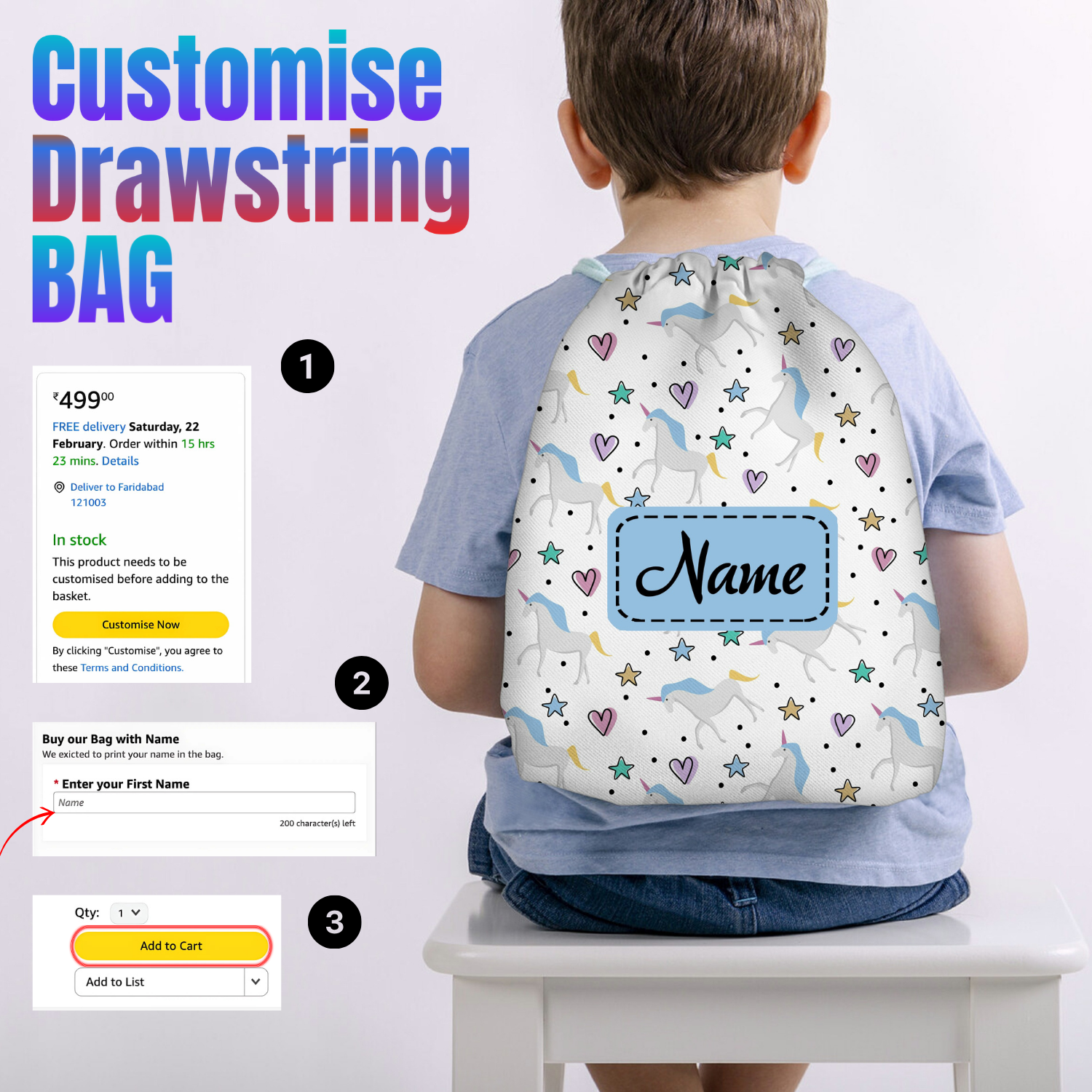 Baby of Mine Premium Waterproof Drawstring Backpack For Swimming Gym Yoga Tuition For 3-10 Years Girls And Boys - Unicorn Heart Print